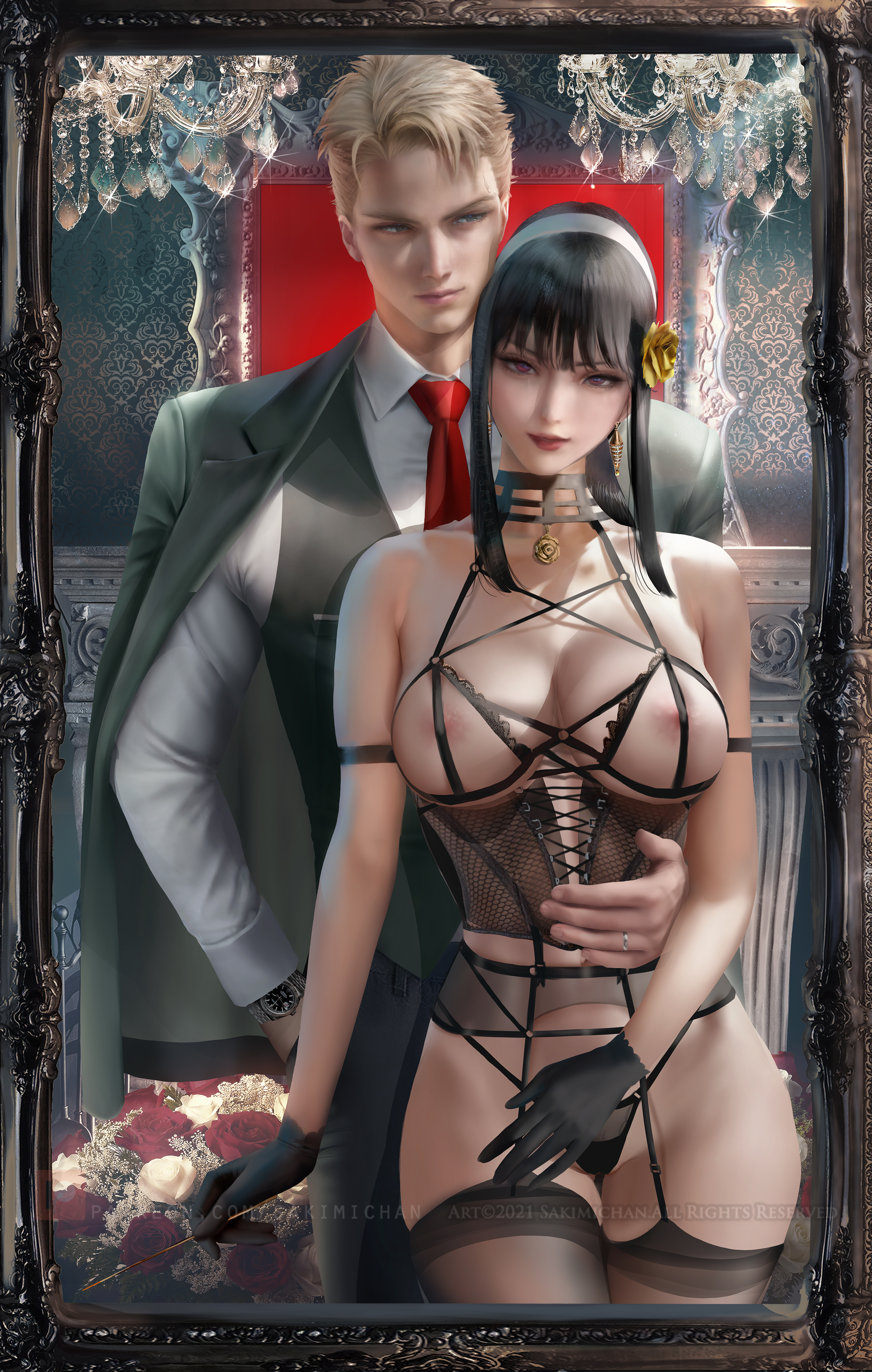 1boy, 1girls, assassin, big breasts, breasts, couple, cupless bra, female, human female, husband and wife, lingerie, loid forger, male, mature female, nipple slip, realistic, sakimichan, spy x family, stiletto (weapon), thick thighs, thorn princess, variant set, yor briar, yor forger