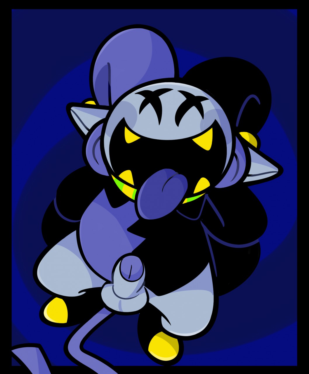 blue_tongue bottomless deltarune desperadiation grey_skin jevil_(deltarune) male male_only open_mouth penis pointy_ears sharp_teeth tail tongue_out yellow_teeth