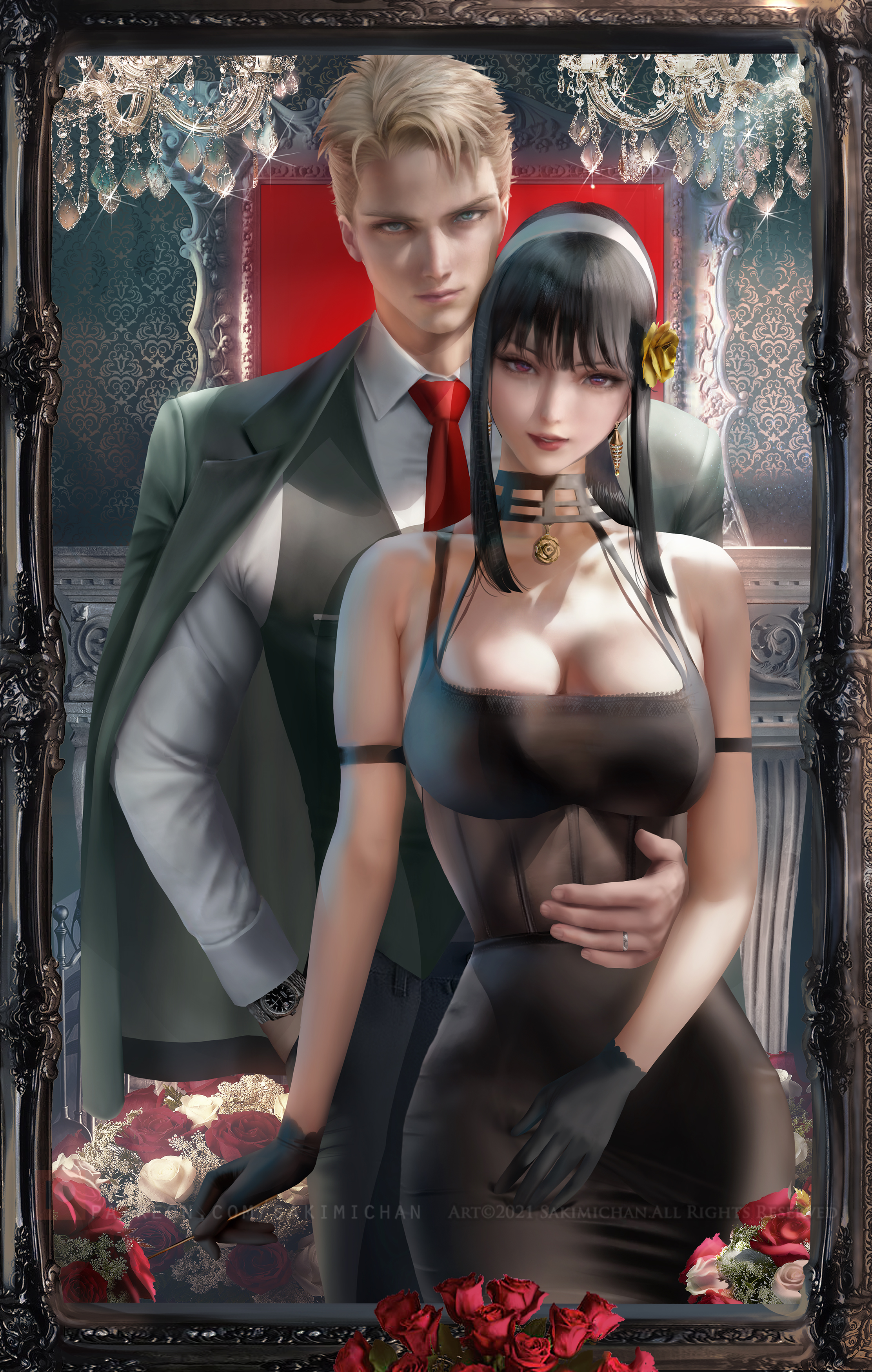 1boy, 1girls, assassin, big breasts, black hair, blonde hair, blue eyes, breasts, couple, dress, female, hourglass figure, human female, husband and wife, light skin, light-skinned female, loid forger, male, mature female, realistic, red eyes, sakimichan, spy x family, stiletto (weapon), suit, thick thighs, thorn princess, variant set, yor briar, yor forger