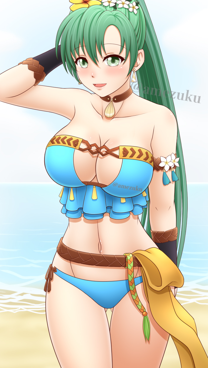 1girls alternate_costume amezuku ass_visible_through_thighs bare_thighs beach bikini blue_bikini blue_swimsuit breasts cleavage female female_only fire_emblem fire_emblem:_the_blazing_blade fire_emblem_heroes flower green_eyes green_hair hair_flower large_breasts long_hair looking_at_viewer lyn_(fire_emblem) lyn_(summer)_(fire_emblem) nintendo ocean official_alternate_costume open_mouth ponytail smile solo swimsuit thighs very_long_hair