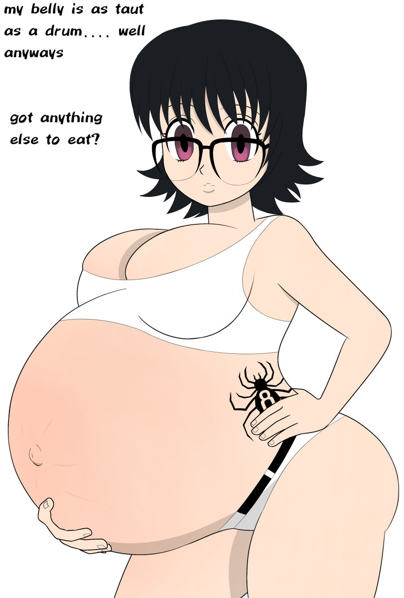 1girls belly belly_stuffing big_belly big_breasts black_hair bloated bloated_belly breasts cleavage english_text fat fat_woman female female_only glasses hunter_x_hunter large_breasts shab-eru shizuku_murasaki solo stretch_marks stuffed stuffed_belly stuffing text