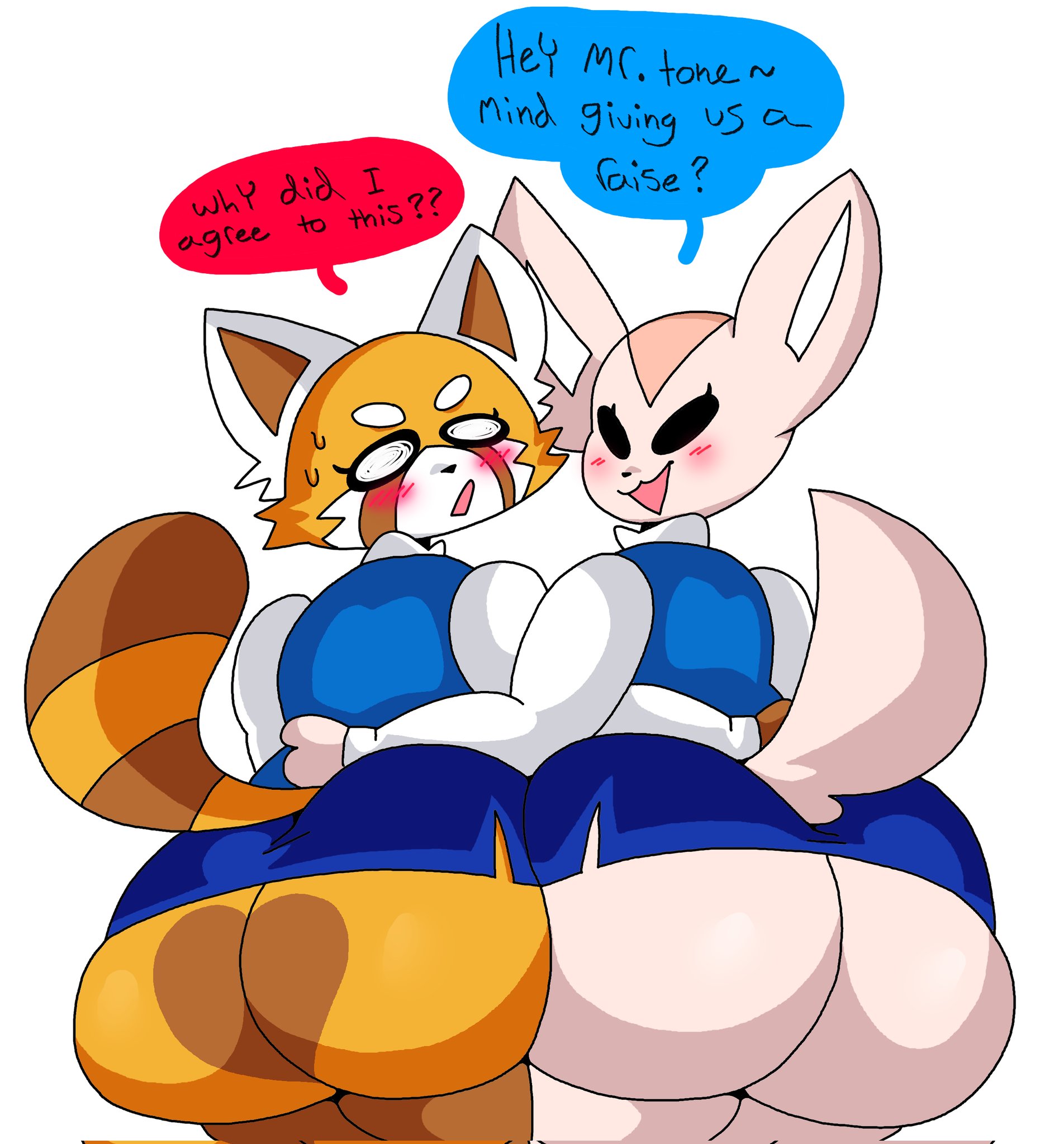 2d, 2girls, aggressive retsuko, aggretsuko, anthro, ass, big ass, big butt, blush, bubble ass, bubble butt, dialogue, dork boi, english text, female, female only, female/female, fenneko, from behind, fur, furry, furry only, huge ass, lewd dorky, looking pleasured, office lady, presenting, presenting ass, presenting butt, presenting hindquarters, red panda, retsuko, sanrio, shirt, skirt, smooth skin, speech bubble, tail, text, thick thighs