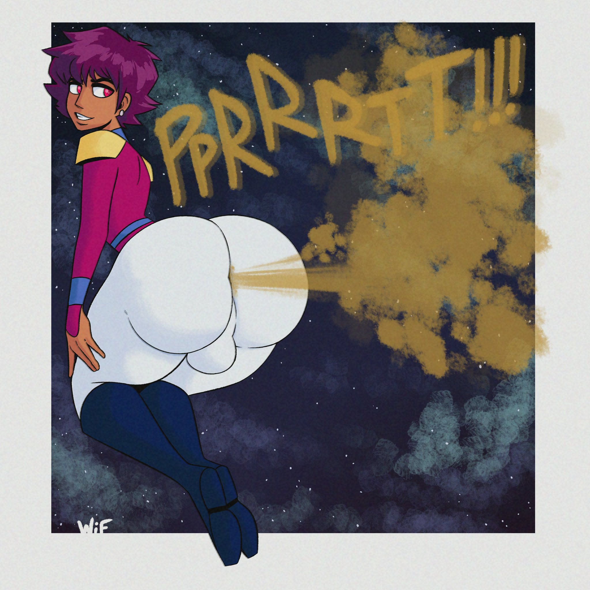 1boy, ass, balls, big ass, bulge, dark skin, dark-skinned femboy, dark-skinned male, fart, fart cloud, fart fetish, farting, femboy, girly, large ass, male, male fart, male only, purple hair, solo male, weirdisfun
