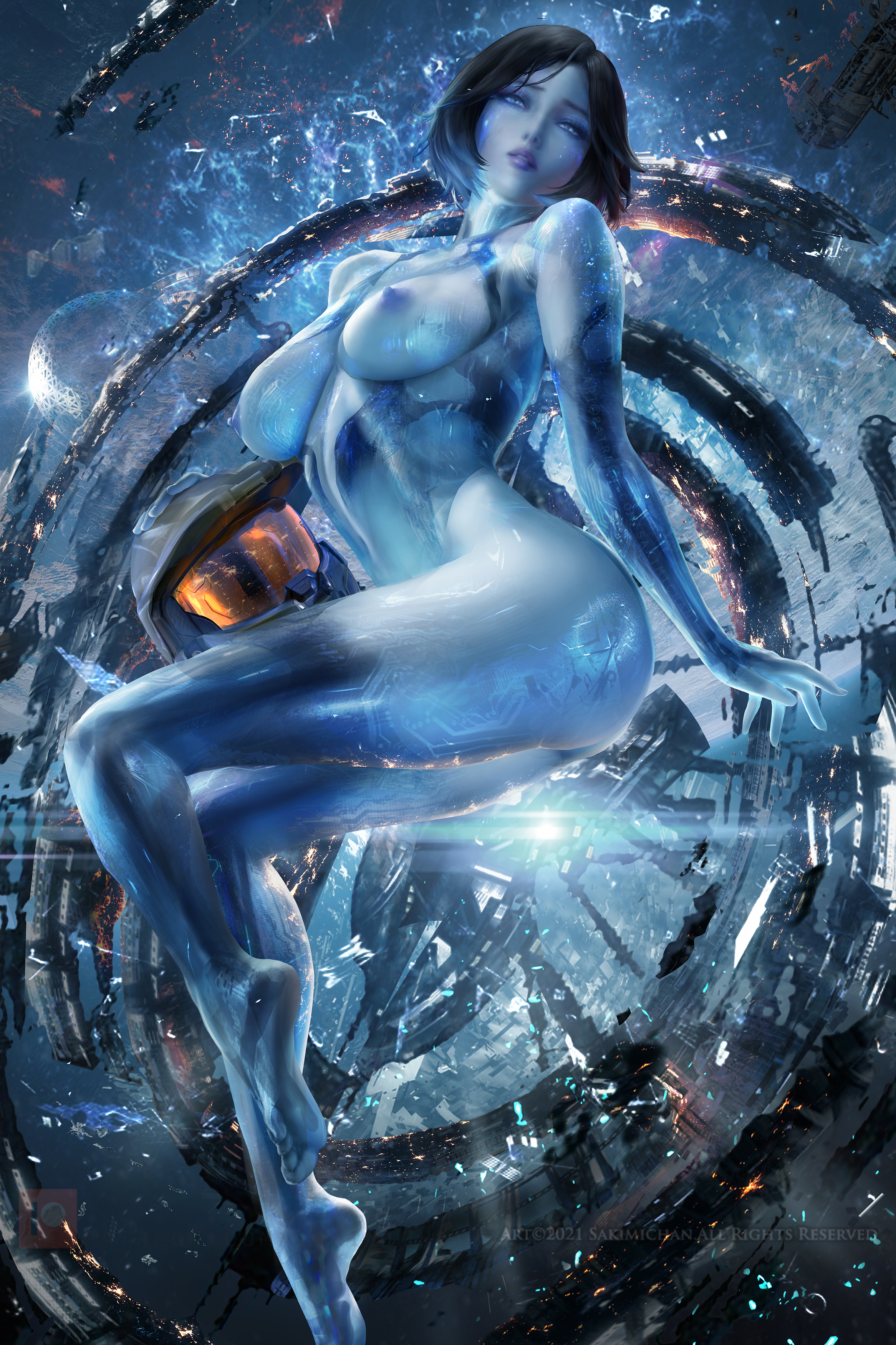 2d, artificial intelligence, big breasts, blue skin, breasts, cortana, female, halo (series), halo 4, hologram, legs, medium hair, nipples, nude, photorealism, photorealistic, realistic, sakimichan, sitting, thighs, topless