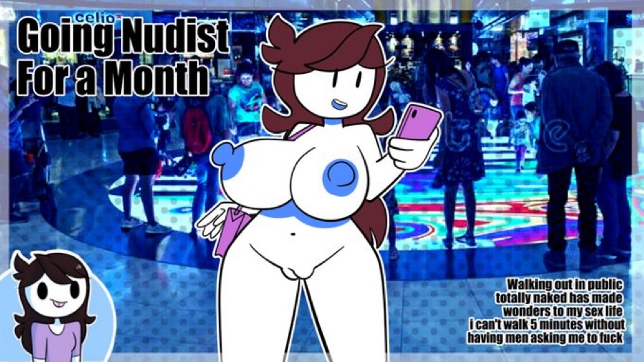 bag, big breasts, breasts, brown hair, casual, cellphone, electronics, female, human, jaiden, jaiden animations, jaidenanimations, jaidenthumblewd, mob face, nude, nudist, pale skin, perky nipples, phone, public, public nudity, pussy, thumbnail, youtube, youtuber