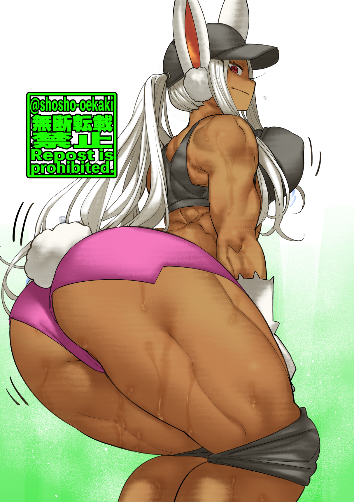 1girls, ass, big ass, breasts, bunny ears, bunny tail, female, hat, long hair, minishorts, miruko, muscular, muscular female, muscular thighs, my hero academia, rumi usagiyama, shorts, shosho oekaki, sideboob, solo, standing, thick thighs, thighs, white hair