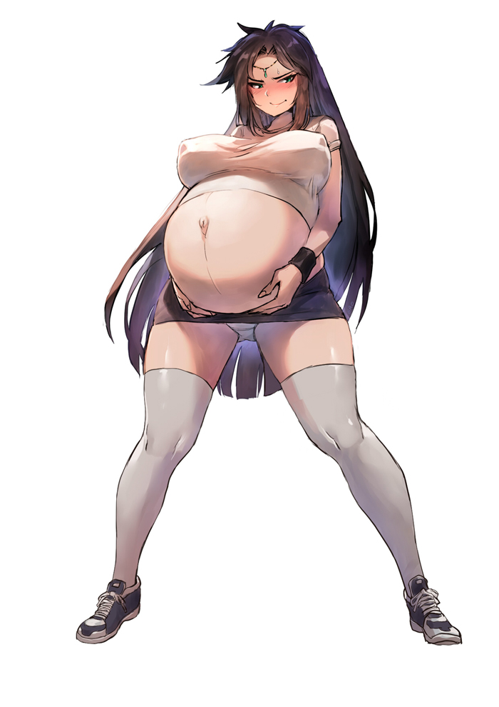 big breasts, black hair, blush, breasts, brown hair, crop top, dark hair, embarrassed, female, full body, gao-lukchup, green eyes, holding belly, long hair, looking away, miniskirt, nipple bulge, panties, pregnant, smile, sneakers, solo, standing, thighhighs, upskirt, white legwear, white thighhighs, zettai ryouiki
