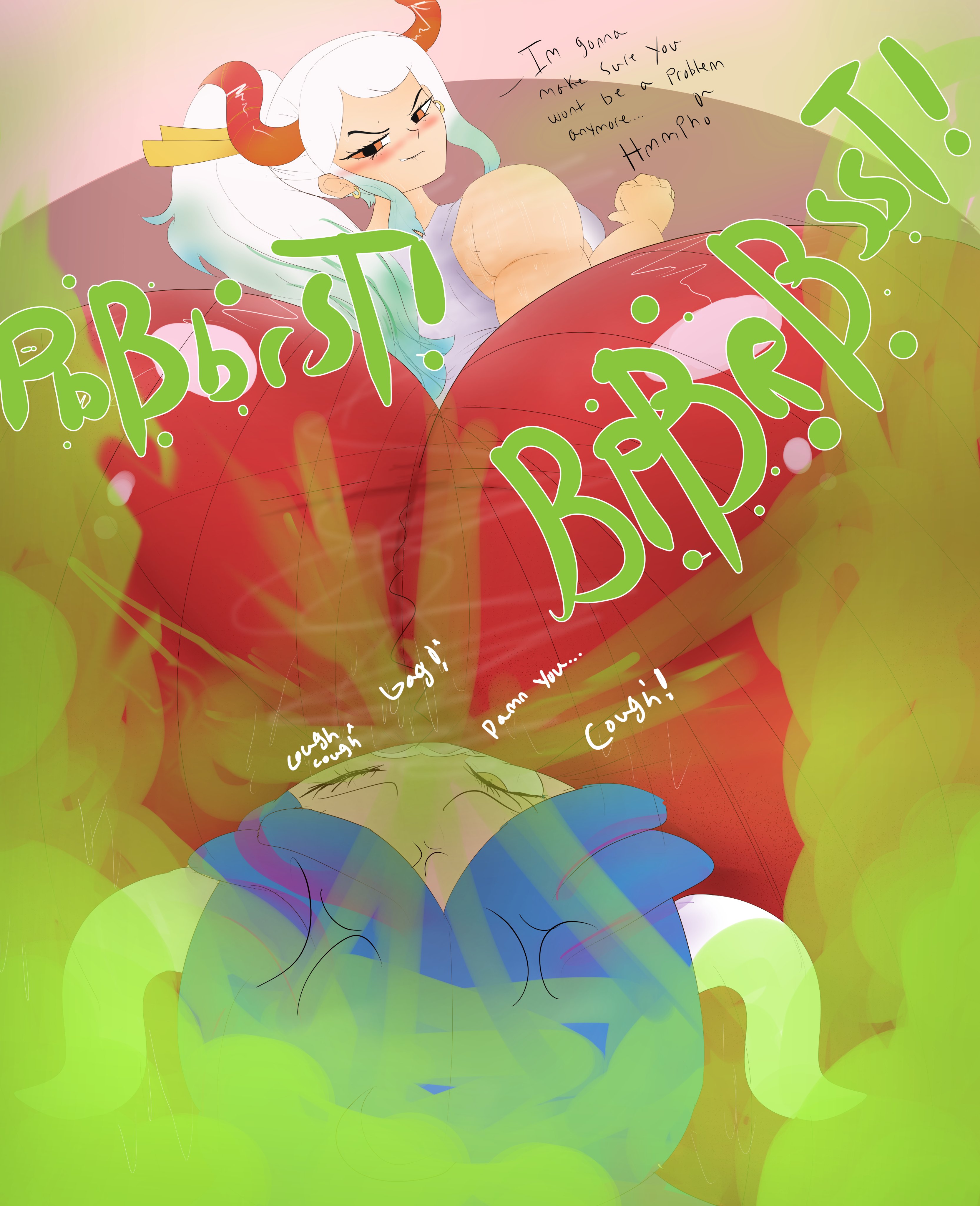 2girls, ass, ass on face, big ass, big butt, biting lip, blue hair, blush, facesitting, fart, fart cloud, fart fetish, farting, farting in face, female, female only, horns, looking back, melissaalli, multiple females, multiple girls, one eye closed, one piece, orange eyes, ponytail, rear view, shounen jump, smile, text, ulti (one piece), white hair, yamato (one piece), yuri