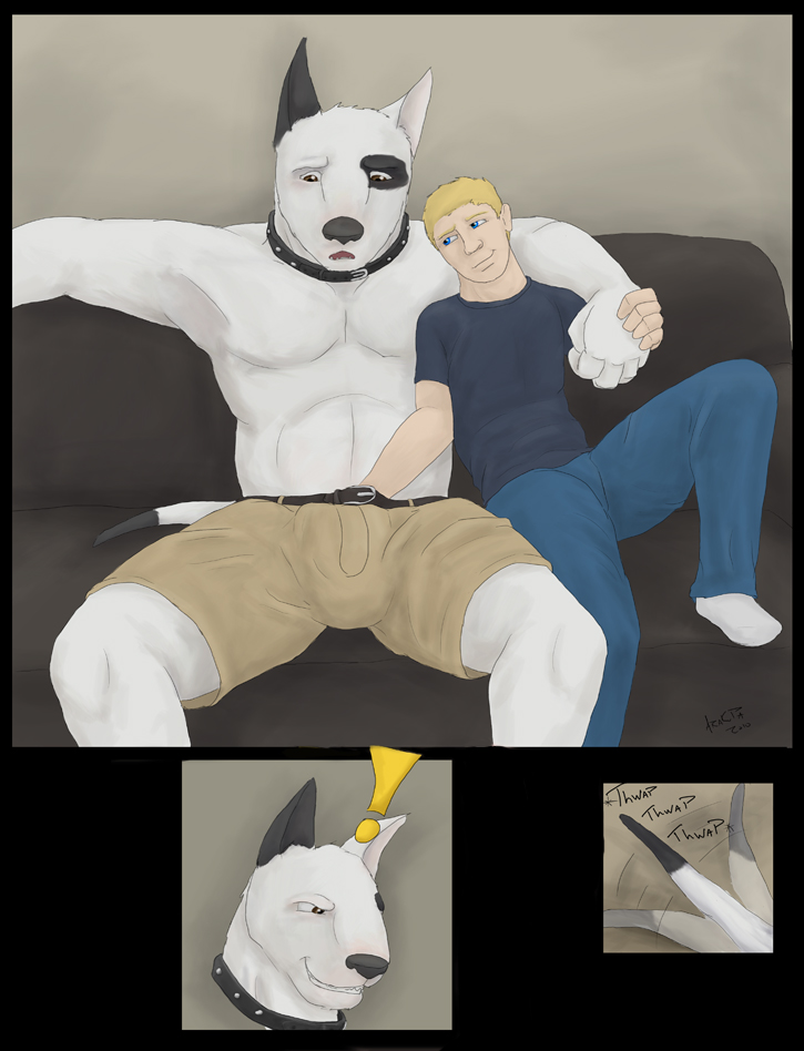 2010 abs anthro arakupa black_body black_fur blonde_hair blush bottomwear bulge bull_terrier canid canine canis clothing collar domestic_dog duo exclamation_point fur grin grope hair hand_holding human human_on_anthro hunting_dog interspecies larger_anthro larger_male male male/male mammal multicolored_body multicolored_fur muscular muscular_anthro muscular_male offscreen_sex pants pecs shirtless shorts signature size_difference smaller_human smaller_male smile tail_motion tailwag terrier white_body white_fur