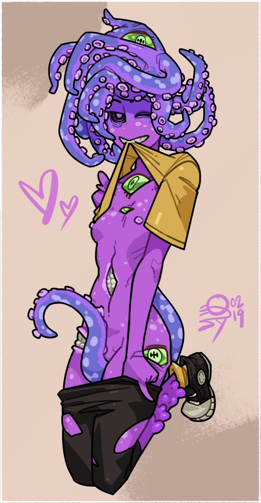 2019 animal_humanoid cephalopod cephalopod_humanoid clothed clothing clothing_lift eldritch_horror female heart hi_res humanoid marine marine_humanoid mollusk mollusk_humanoid monster_prom pseudo_hair purple_body purple_skin qsy shirt shirt_lift solo tentacle tentacle_hair topwear zoe_(monster_prom) zoe_z'gord_(monster_prom)