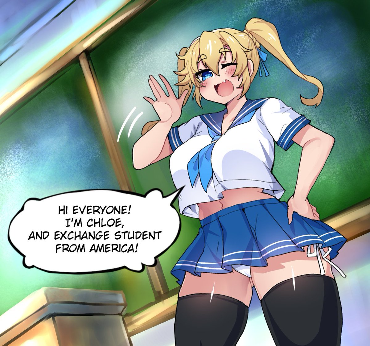 1girls chloe_(osiimi) comic english_text lewdweather merryweather original original_character osiimi pantyshot school_uniform schoolgirl short_skirt speech_bubble text text_bubble thighhighs