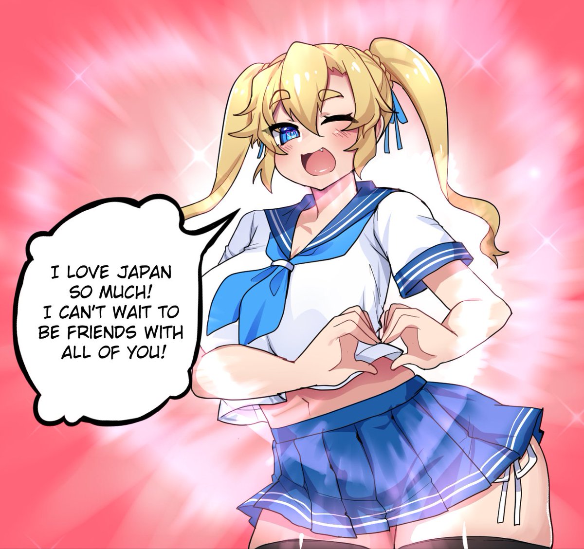 1girls blonde_hair blue_eyes chloe_(osiimi) comic english_text heart heart-shaped_pupils huge_breasts lewdweather merryweather original original_character osiimi pantyshot pose posing school_uniform schoolgirl short_skirt side-tie_panties speech_bubble text text_bubble thick_ass thick_thighs thighhighs twintails