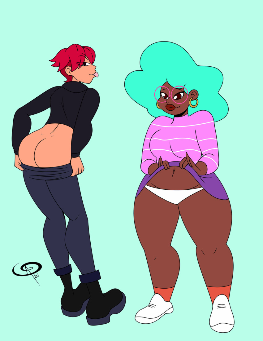 2girls alex_(magical_girl_friendship_squad) ass ass_cleavage butt_crack daisy_(magical_girl_friendship_squad) female female_only frostbiteboi magical_girl_friendship_squad mooning multiple_girls panties pants_down presenting_hindquarters red_hair skirt_lift