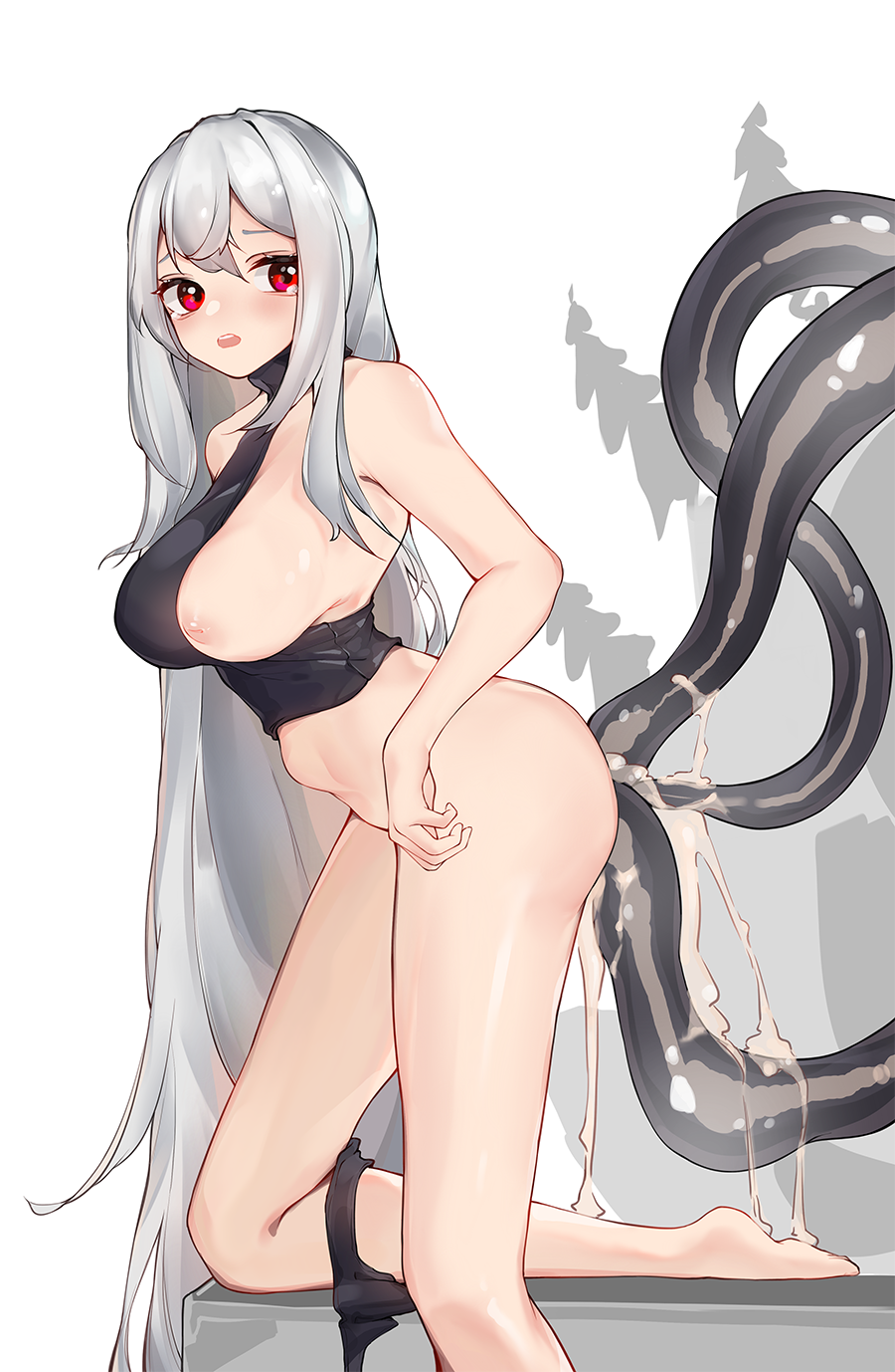 absurdly_long_hair arknights black_panties black_shirt bottomless breasts cum cum_in_pussy female grey_hair highres inniyik large_breasts long_hair looking_at_viewer multiple_vaginal_insertions nipples no_hat no_headwear one_breast_out open_mouth overflow panties panties_around_one_leg red_eyes shirt skadi_(arknights) stomach_bulge tentacle tentacle_sex underwear upper_body vaginal_penetration very_long_hair