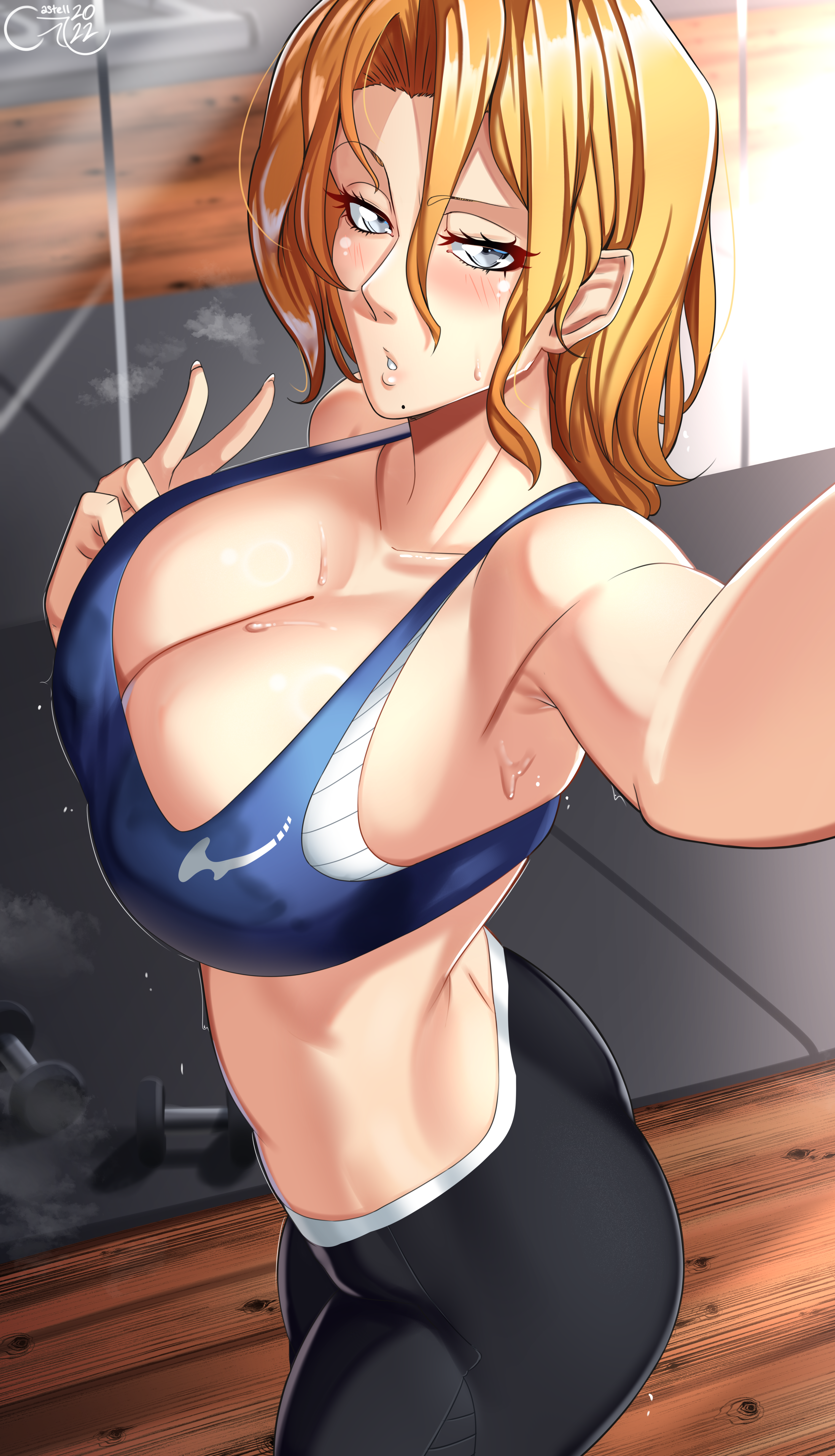 1girls, 2022, absurdres, after exercise, alternate hair length, alternate hairstyle, armpits, artist name, ass, athletic, athletic female, bare arms, bare midriff, bare shoulders, beauty mark, big breasts, bleach, blue eyes, breasts, bust, busty, castell, cleavage, clothed, clothed female, curvaceous, curvy, curvy female, curvy figure, female, female only, fit, fit female, gym, gym clothes, highres, huge breasts, leggings, light skin, light-skinned female, logo, looking at viewer, matsumoto rangiku, midriff, mole, mole under mouth, oppai, orange hair, peace sign, pinup, pose, posing, revealing clothes, shoulder length hair, solo, solo focus, sports bra, sweat, sweatdrop, sweating, sweaty, sweaty body, sweaty breasts, tight bottomwear, tight clothing, v, voluptuous, watermark, workout clothes