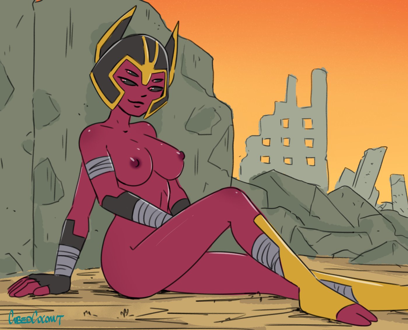1girls, 2d, 4 arms, 4 eyes, alien, alien girl, alien humanoid, areolae, ben 10, ben 10 omniverse, big breasts, breasts, breasts out, cartoon network, completely naked, completely nude, cubedcoconut, destroyed building, female, female focus, female only, helmet, highres, looking at viewer, looma red wind, multi arm, multi eye, multi limb, naked, naked female, nipples, nude, nude female, red skin, sitting, solo, solo female, tagme, tetramand, thick thighs, thighs