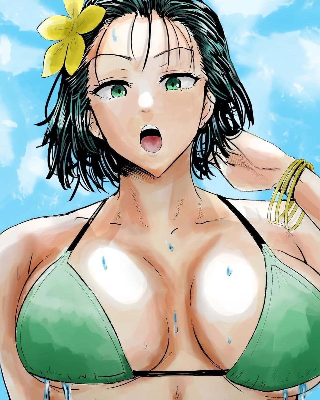 1girls, beach, big breasts, bikini, bikini top, black hair, breasts, close-up, colored, daraz18aka, dark green hair, dark hair, eyeshadow, female, female focus, female only, fubuki (one-punch man), green eyes, green hair, jewelry, light skin, light-skinned female, lips, looking at viewer, medium hair, midriff, one-punch man, open mouth, seductive, seductive eyes, seductive look, short hair, solo, solo focus, water, wet