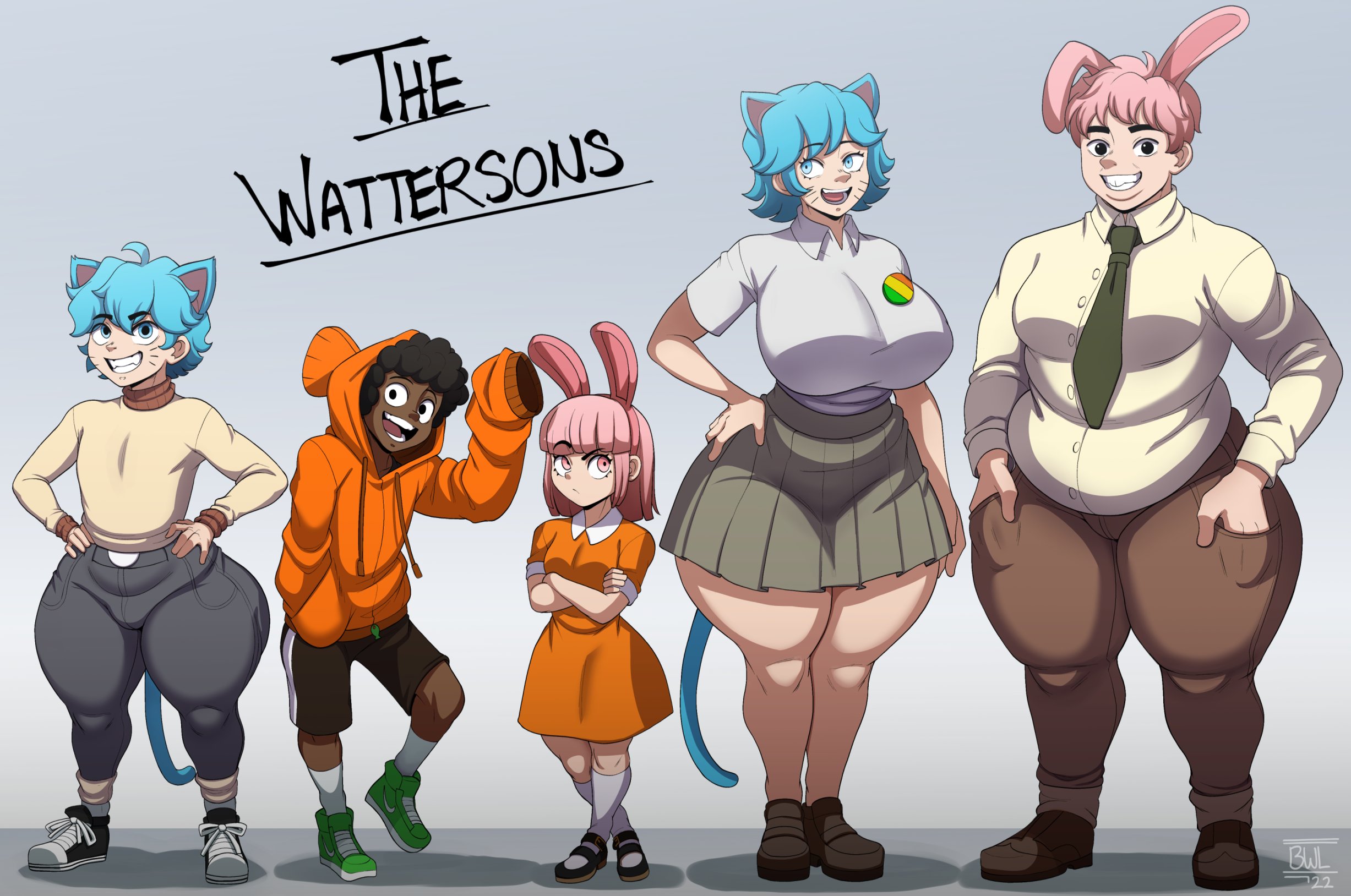 2girls, 3boys, anais watterson, big breasts, black hair, blackwhiplash, blue eyes, blue hair, bottom heavy, breasts, breasts bigger than head, brother and sister, bulge, bunny ears, bwl, cartoon network, cat ears, cat tail, dark skin, dark-skinned male, darwin watterson, darwin watterson (human), family, father and daughter, father and son, female, femboy, fish, gumball watterson, gumball watterson (human), huge breasts, humanized, humanoid, jeans, large breasts, light skin, light-skinned female, light-skinned male, male, milf, mother and daughter, mother and son, multiple boys, multiple females, multiple girls, multiple males, nicole watterson, nicole watterson (human), pink eyes, pink hair, richard watterson, short hair, shorts, skirt, the amazing world of gumball, the amazing world of gumball (human), thick thighs, white skin, wide hips