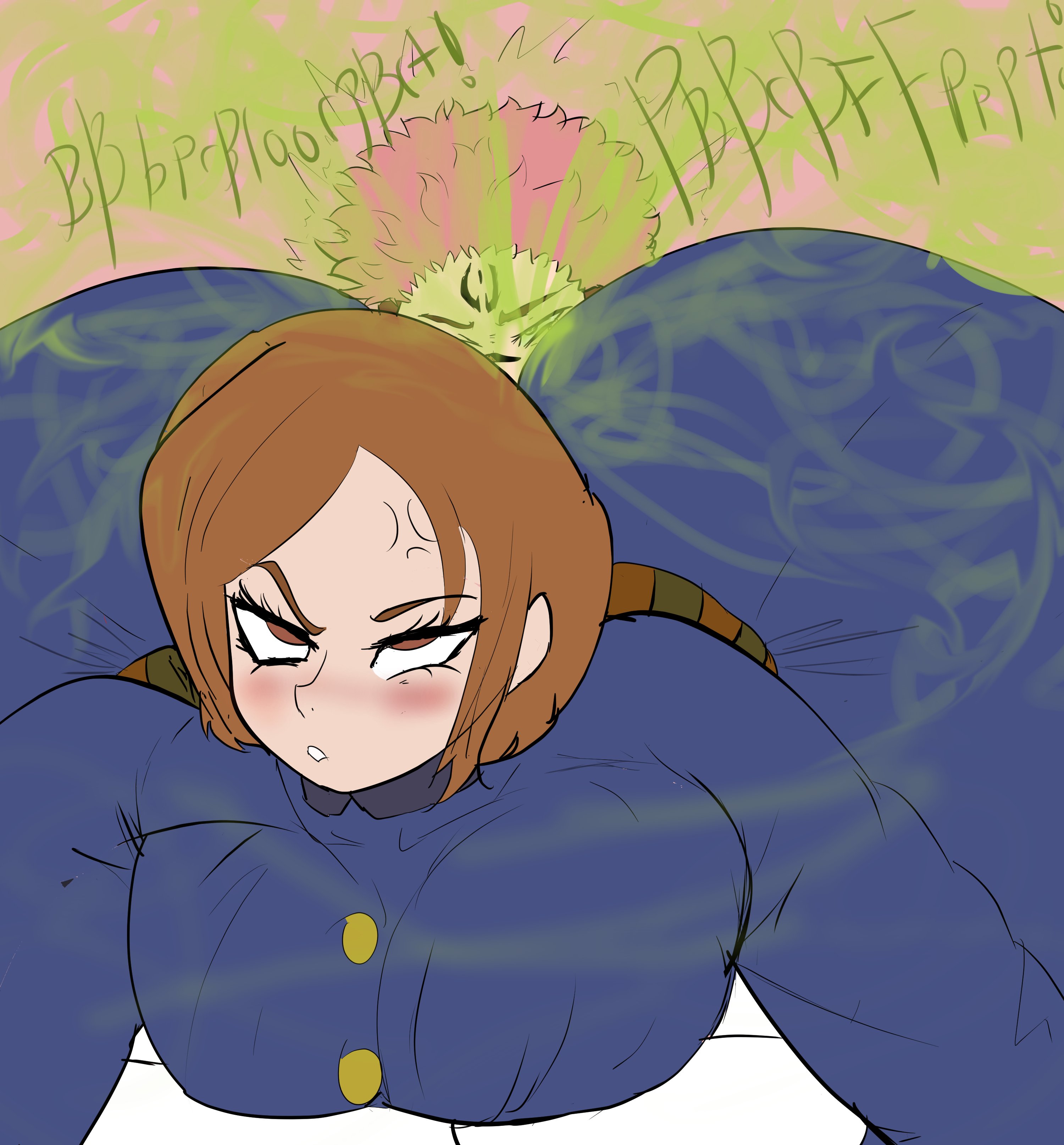 1boy, 1girls, ass, big ass, big butt, blush, brown eyes, brown hair, face in ass, fart, fart cloud, fart fetish, farting, farting in face, female, femdom, itadori yuuji, jujutsu kaisen, kugisaki nobara, male, melissaalli, ryoumen sukuna (jujutsu kaisen), short hair, thick thighs