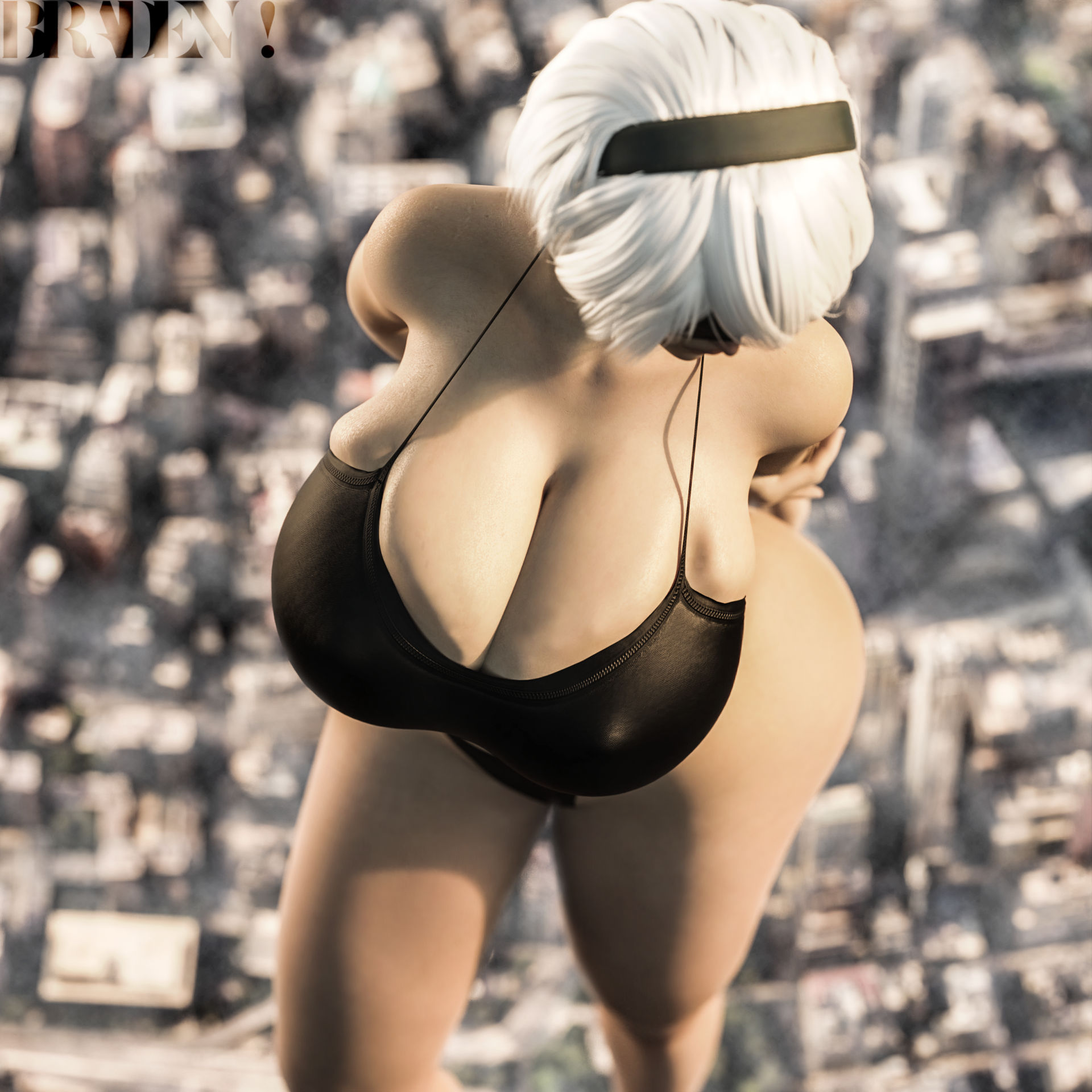 1girls, 3d, ass, big ass, big breasts, bikini, blindfold, bradengts, breasts, city, female, female only, giantess, hairband, huge ass, huge breasts, light skin, light-skinned female, macro, nier, nier: automata, overflowing breasts, solo, solo female, standing, thick thighs, white hair, yorha 2b