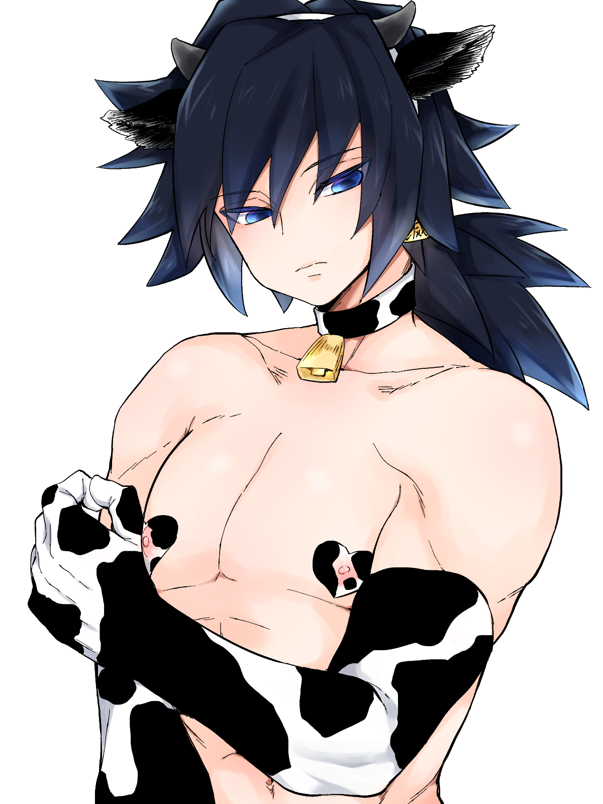 alternate costume, black hair, blue eyes, choker, collar, cow ears, cow horns, cow print, cow print armwear, cowbell, demon slayer, elbow gloves, fake animal ears, gay, gloves, hairband, heart pasties, kimetsu no yaiba, kurikama, looking away, male, male only, nipples visible through clothing, pasties, ponytail, solo, spiky hair, tomioka giyuu, upper body