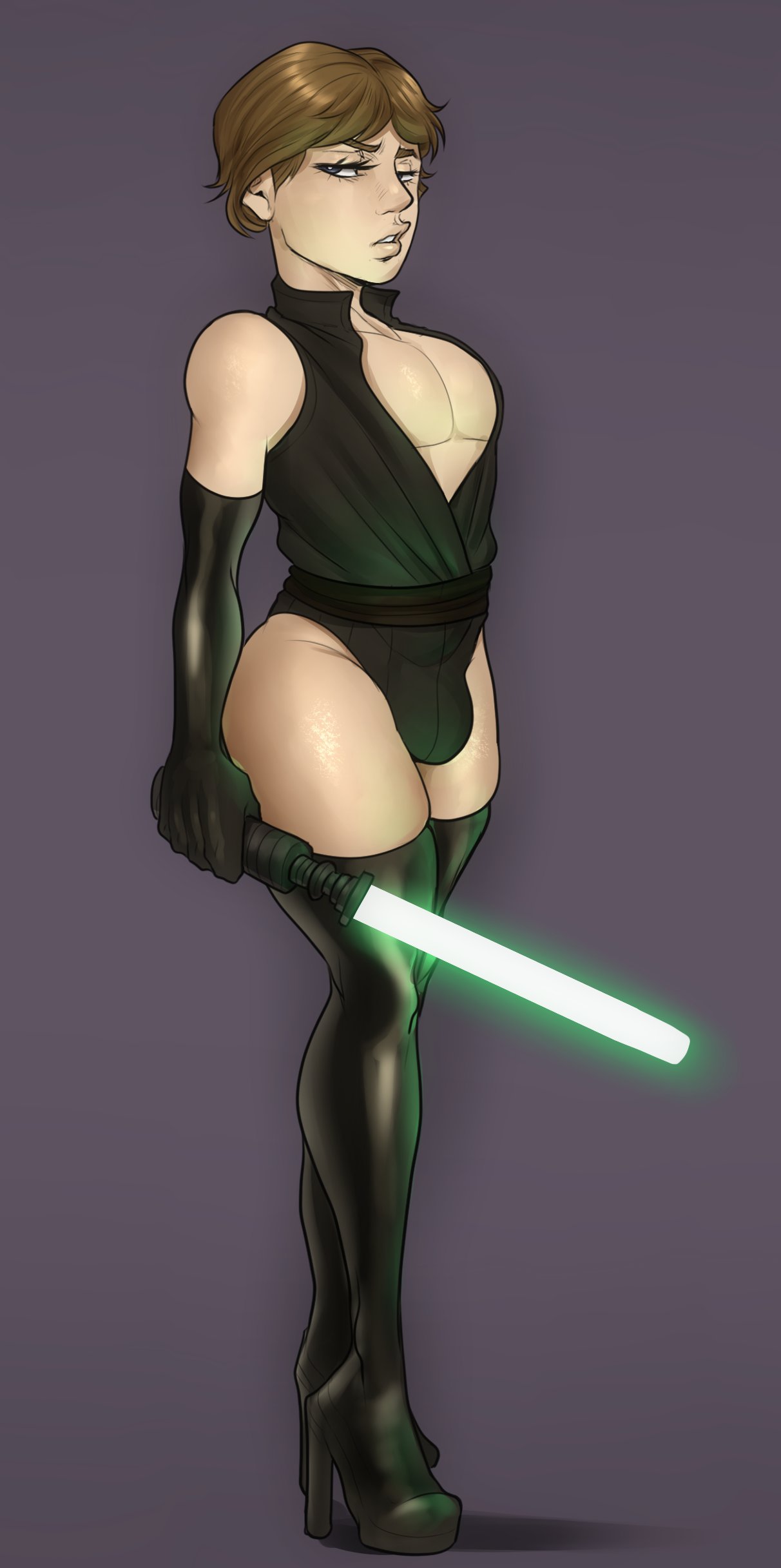 1boy black_high_heel_boots blonde_hair blue_eyes bulge bulge_through_clothing crossdressing detnox femboy femboy_only girly green_lightsaber high_heel_boots lightsaber looking_at_viewer luke_skywalker male male_only solo star_wars tagme trap