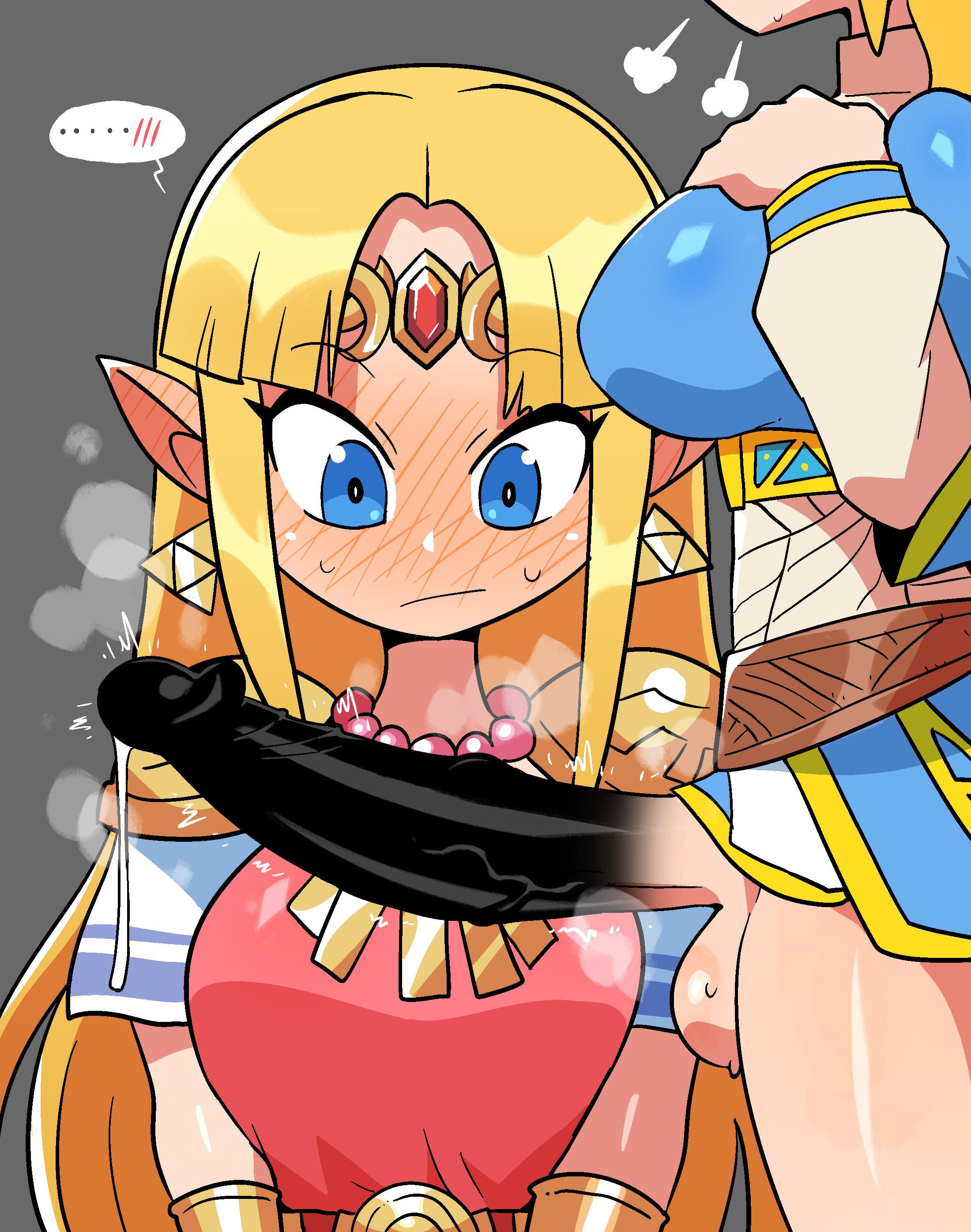1futa, 1girls, a link between worlds, bangs, big penis, blonde hair, blush, bottomless, breasts, censored, clothed, clothing, crap-man, dress, duo, embarrassed, erection, female, female focus, full-face blush, fully clothed, futanari, huge cock, humanoid, humanoid penis, imminent sex, intersex, light skin, light-skinned female, light-skinned futa, long hair, nintendo, partially clothed, penis, penis awe, precum, princess zelda, selfcest, speech bubble, standing, tears of the kingdom, the legend of zelda, triforce earrings, yuri, zelda (a link between worlds), zelda (tears of the kingdom)