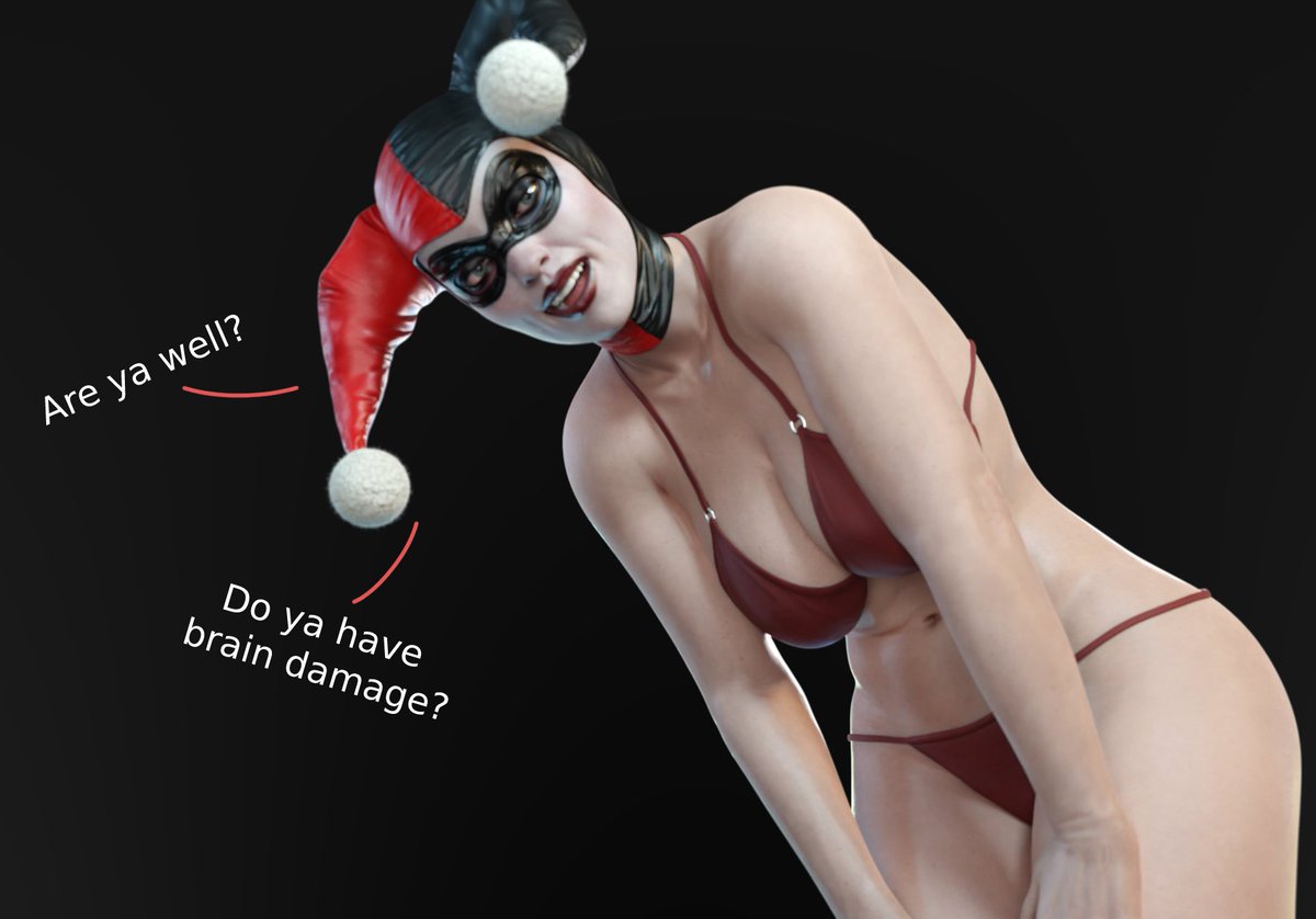 1girls, 3d, batman (series), big breasts, bikini, black background, breasts, dc, dc comics, dialogue, facepaint, female, female only, harley quinn, harley quinn (classic), harley quinn (injustice), headgear, injustice 2, simple background, smitty34, solo, solo female, tagme, talking to viewer, thick thighs