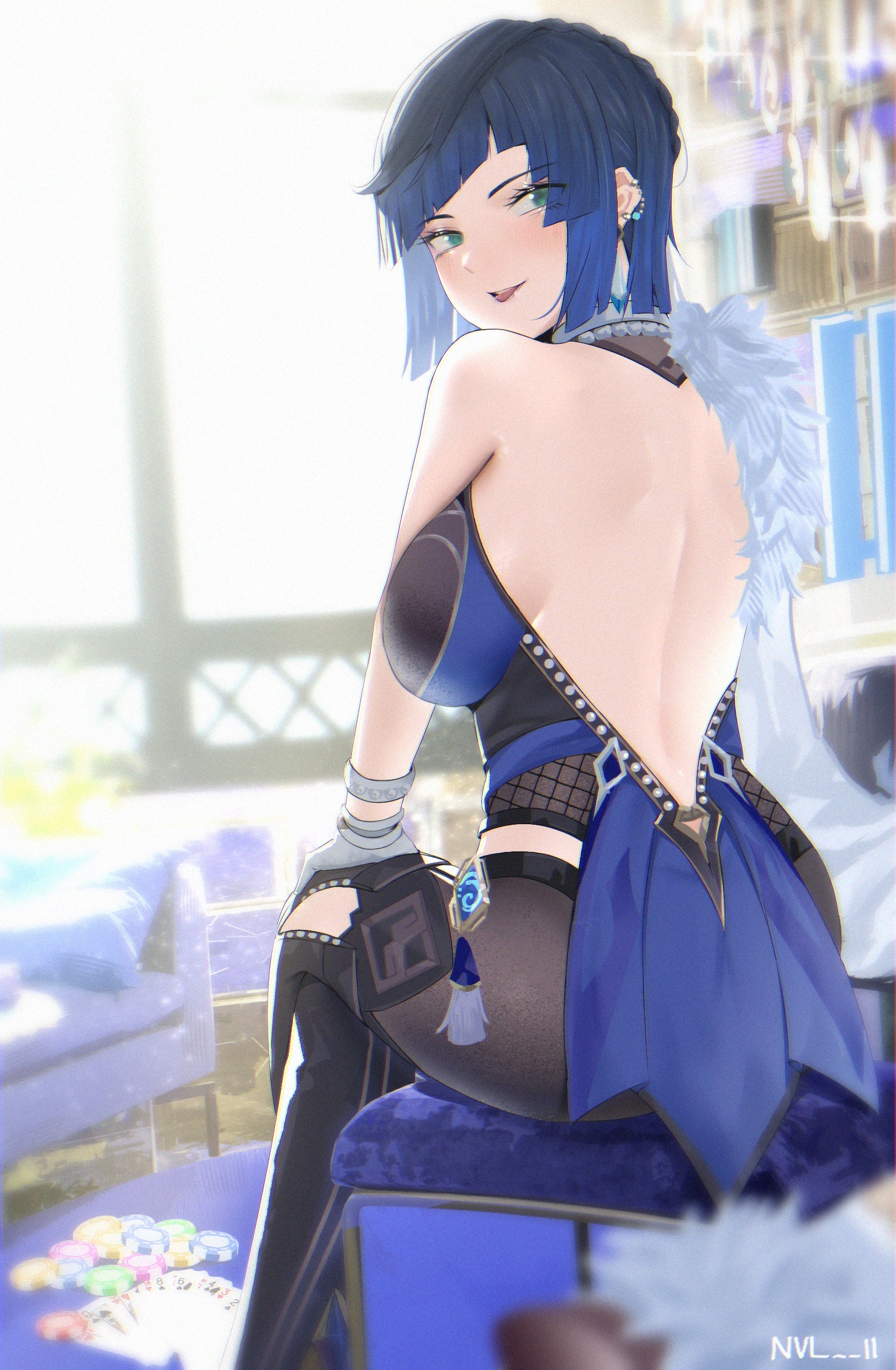 absurdres, ass, back, backless dress, backless outfit, bangs, bare arms, bare back, bare shoulders, behind, behind view, big breasts, black hair, black legwear, blue dress, blue hair, blunt bangs, bob cut, breasts, couch, crossed legs, dress, ear piercing, earrings, female, from behind, fur trim, genshin impact, green eyes, hand on leg, highres, house, huge breasts, large breasts, looking at viewer, looking back, nvl, piercing, round breasts, seductive, seductive eyes, seductive look, seductive mouth, seductive smile, sideboob, sitting, sleeveless, sleeveless dress, smile, solo, teasing, teasing viewer, thick ass, thick thighs, thighhighs, tight clothing, tights, yelan (genshin impact)