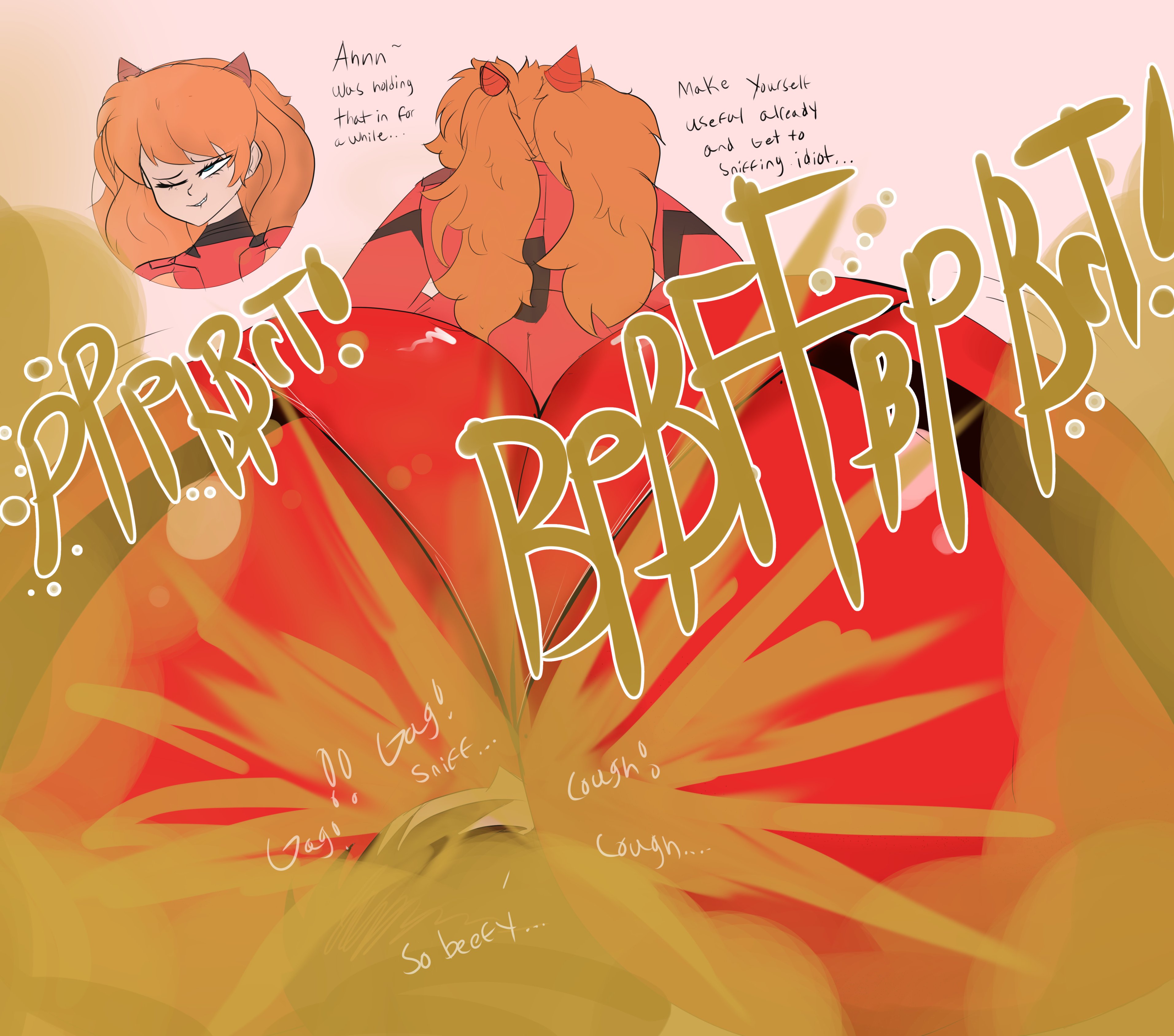1boy, 1girls, ass, ass on face, asuka langley sohryu, big ass, big butt, biting lip, blue eyes, bodysuit, clothing, facesitting, fart, fart cloud, fart fetish, farting, farting in face, female, male, melissaalli, neon genesis evangelion, one eye closed, orange hair, shinji ikari, smile, text, twintails