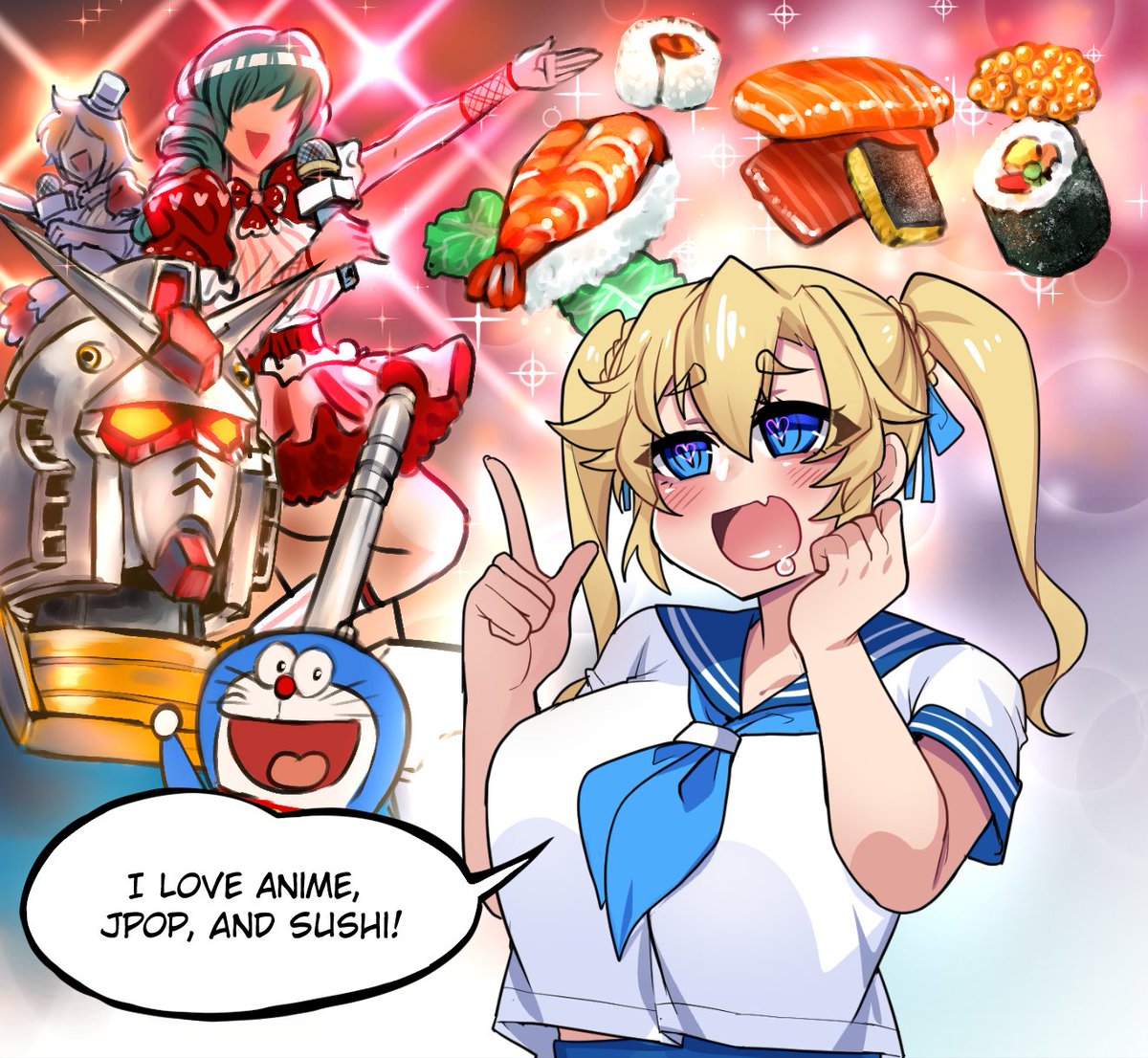 2boys 3girls blonde_hair blue_eyes chloe_(osiimi) comic drool drooling english_text food idol lewdweather mecha merryweather original original_character osiimi rx-78-2_gundam school_uniform schoolgirl speech_bubble sushi text text_bubble twintails