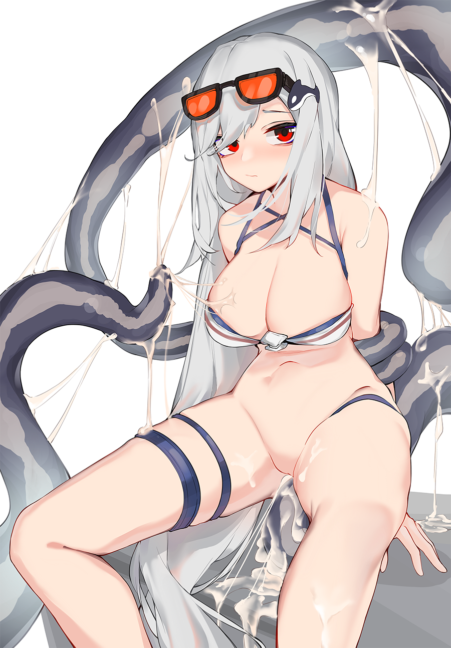 absurdly_long_hair arknights bikini bikini_top_only blush breasts cleavage cum cum_in_pussy cum_on_body cum_on_breasts female grey_hair hair_ornament highres inniyik large_breasts long_hair looking_at_viewer red_eyes simple_background sitting skadi_(arknights) solo swimsuit tentacle tentacle_sex vaginal_penetration very_long_hair whale_hair_ornament white_background white_bikini