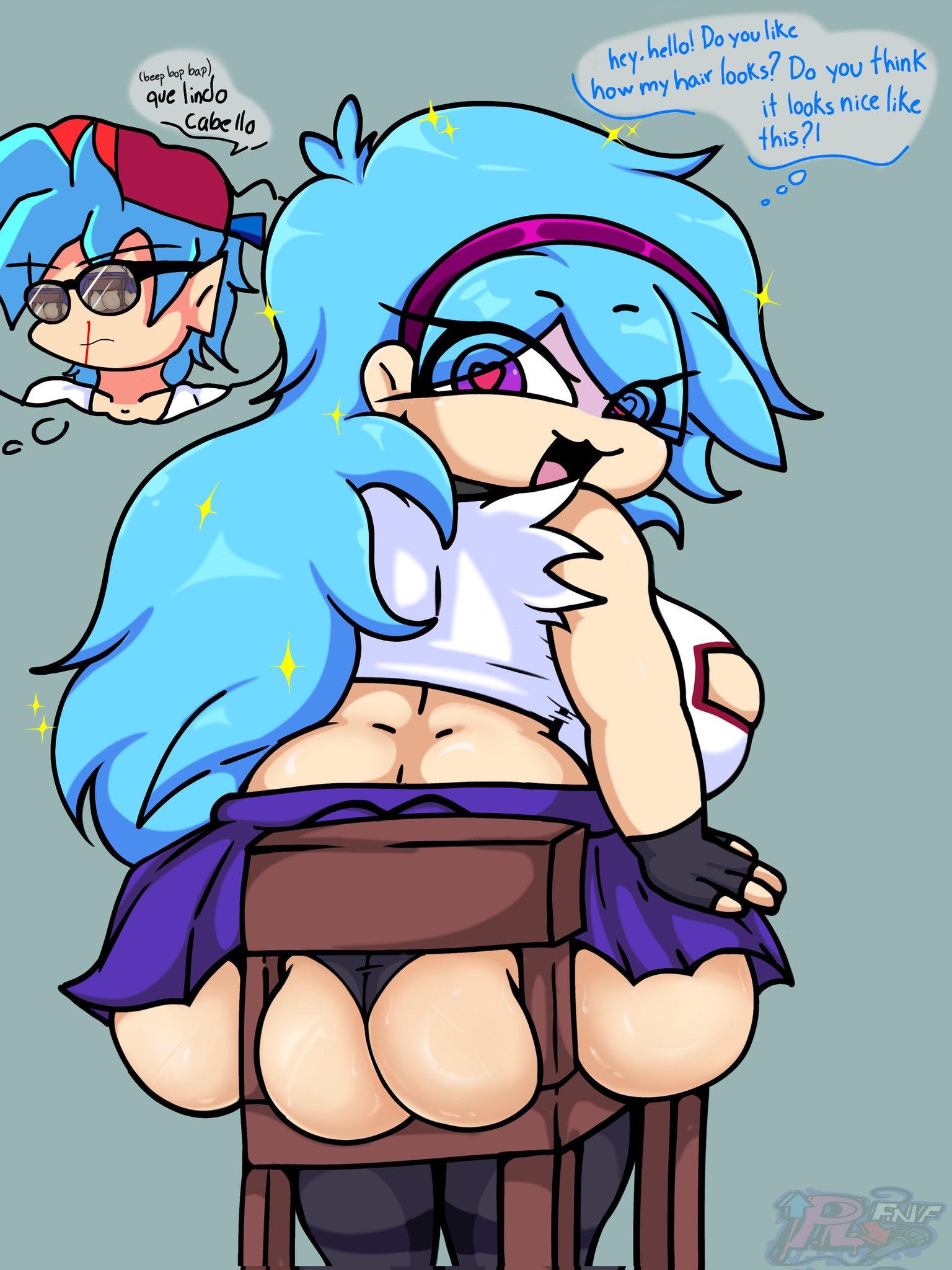 1boy, 1girls, ass, back view, big ass, big breasts, big butt, black panties, black thong, blue hair, blue-haired female, boyfriend (friday night funkin), breasts, chair, chubby, chubby female, english, english commentary, english subtitles, english text, female, friday night funkin, friday night funkin mod, glasses, huge ass, huge butt, light skin, light-skinned female, male, male/female, no sex, p.legacy fnf, panties, purple eyes, rule 63, sitting, sitting on chair, skyblue, skyblue (friday night funkin), skyverse, spanish, spanish dialogue, spanish text, thick ass, thick legs, thighs, thong, twitter, twitter link, voluptuous, voluptuous female