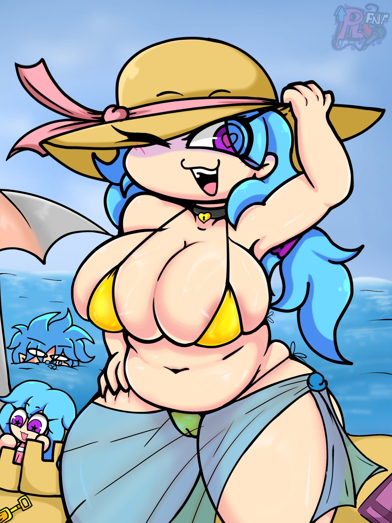 1boy, 2girls, ass, beach, beach background, belly, big ass, big breasts, big thighs, bikini, blue hair, boyfriend (friday night funkin), breasts, chubby, chubby female, female, friday night funkin, friday night funkin mod, golden bikini, heart-shaped pupils, huge breasts, male, p.legacy fnf, purple eyes, sand, sand castle, ski (friday night funkin), sky, skyblue, skyblue (friday night funkin), skyverse, thick legs, thick thighs, thighhighs, thighs, twitter, twitter link, voluptuous, voluptuous female, yellow bikini