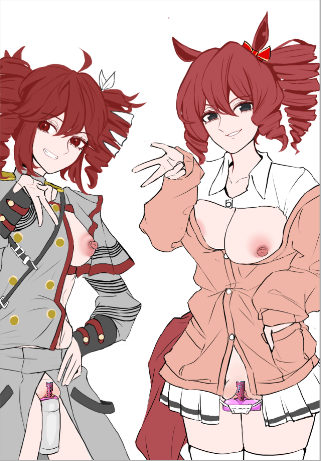 2d, 2d (artwork), 2girls, ahoge, areolae, big breasts, breasts, breasts out, censored, censored genitalia, crossover, dildo, dildo in pussy, female, female only, hair ornament, hairbow, kasane teto, kasane teto (sv), large breasts, nipples, no bra, norn ace (umamusume), one breast out, panties, partially clothed, peace sign, pussy, red eyes, red hair, skirt, synthesizer v, thick thighs, thighhighs, thighs, twin drills, umamusume, umamusume: cinderella gray, utau, vibrator, vibrator in pussy, white background, 案山稻