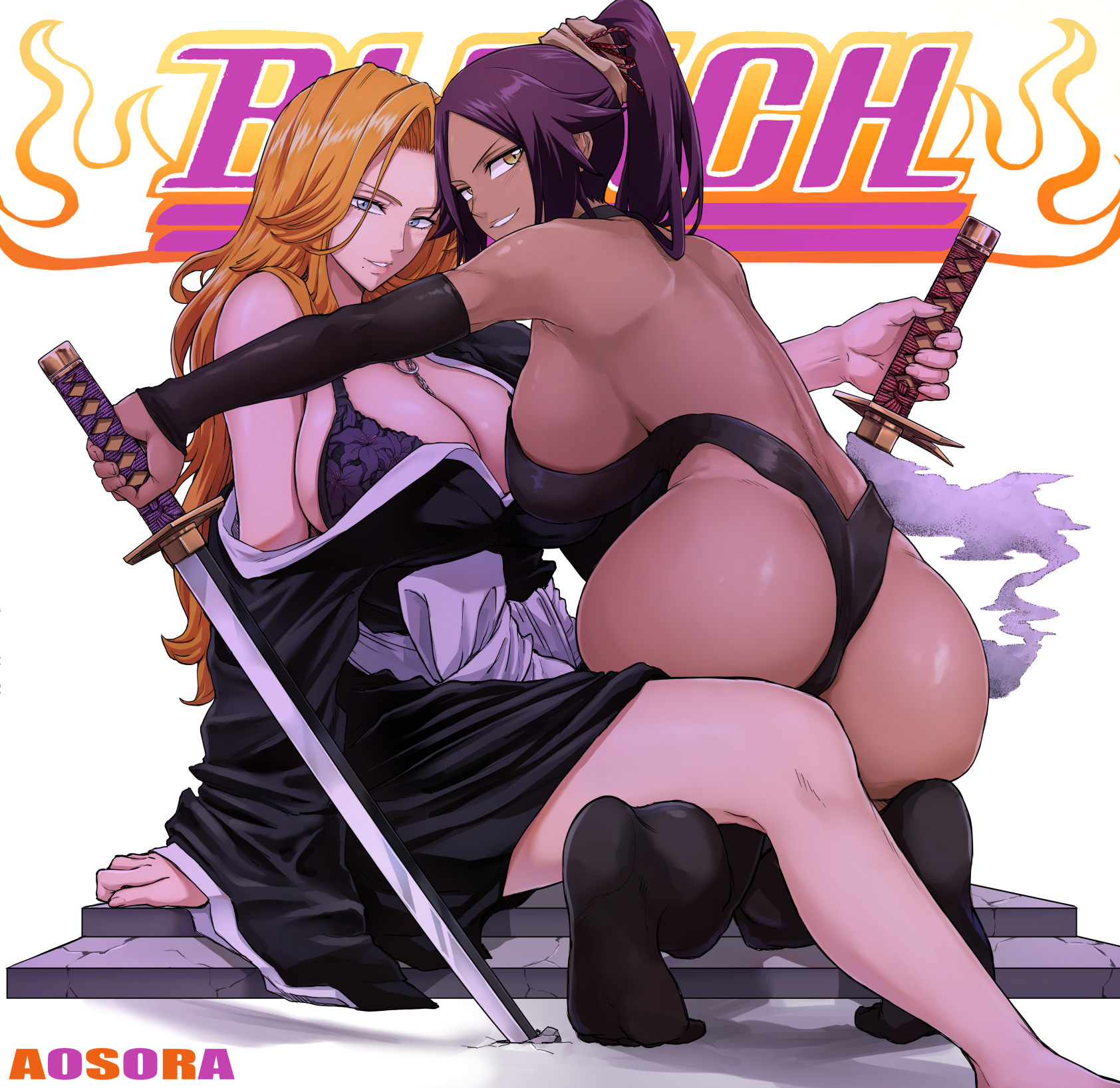 2girls, aosora, ass, big ass, big breasts, bleach, bleach: the thousand-year blood war, blonde hair, bra, breasts, busty, cleavage, curvy, dark skin, dark-skinned female, fat ass, fat breasts, female, female only, huge breasts, large breasts, leotard, light skin, light-skinned female, logo, long hair, looking at viewer, looking back, matsumoto rangiku, mature female, orange hair, orange-haired female, ponytail, pose, purple hair, purple-haired female, shihakusho, shihouin yoruichi, skimpy, skimpy clothes, suggestive, sword, swords, undressing, voluptuous
