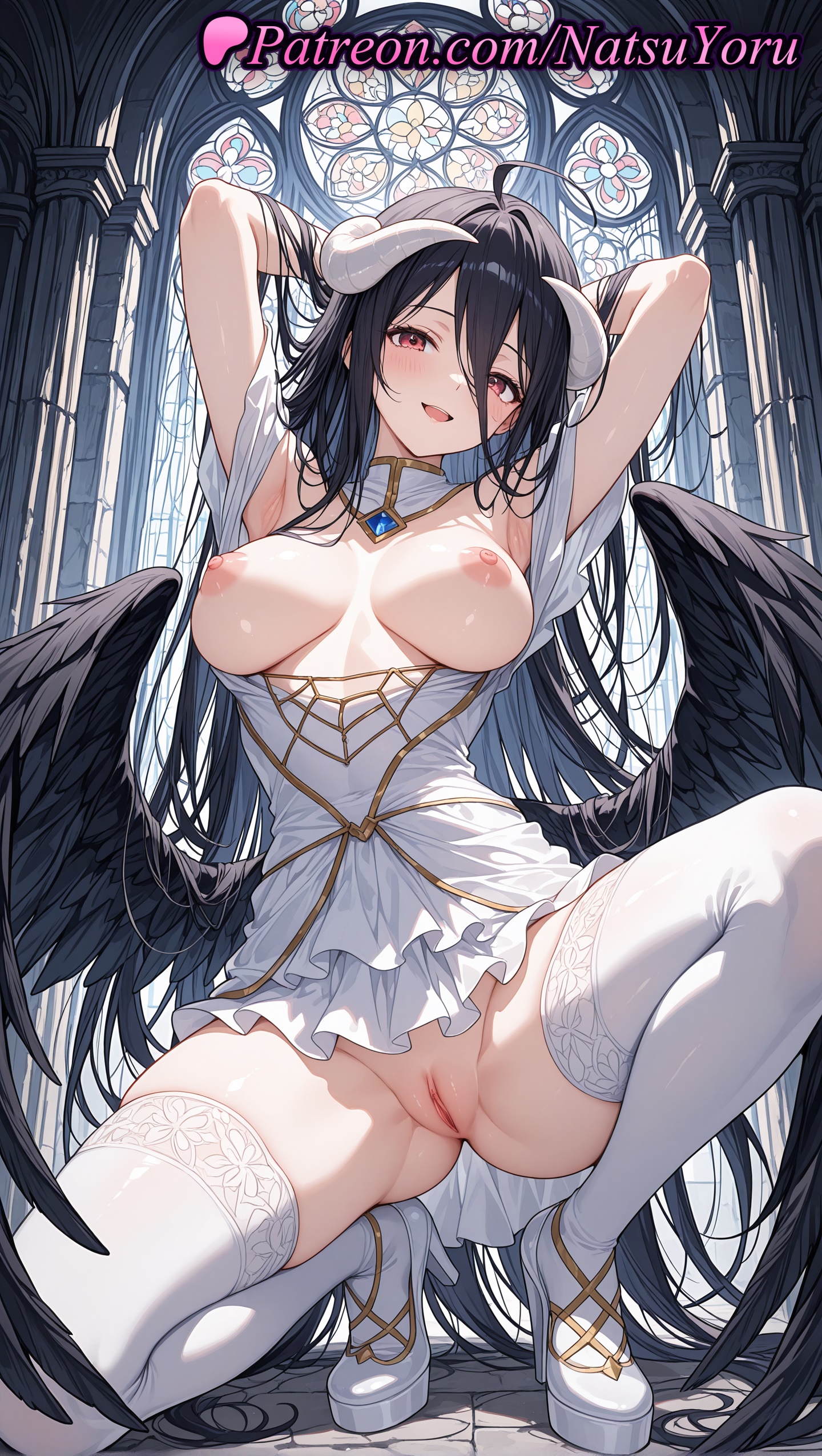1girls, 2025, ahoge, ai generated, albedo (overlord), armpits, arms behind head, arms up, black hair, black wings, breasts, breasts out, demon, demon girl, demon horns, detached collar, dress, feathered wings, female, female only, hair between eyes, hi res, high heels, highres, horns, large breasts, long hair, looking at viewer, low wings, natsuyoru, nipples, no panties, one knee, open mouth, overlord (maruyama), patreon, pussy, red eyes, smile, solo, squatting, thighhighs, thighs, uncensored, vagina, very long hair, voluptuous, voluptuous female, white dress, white thighhighs, wings