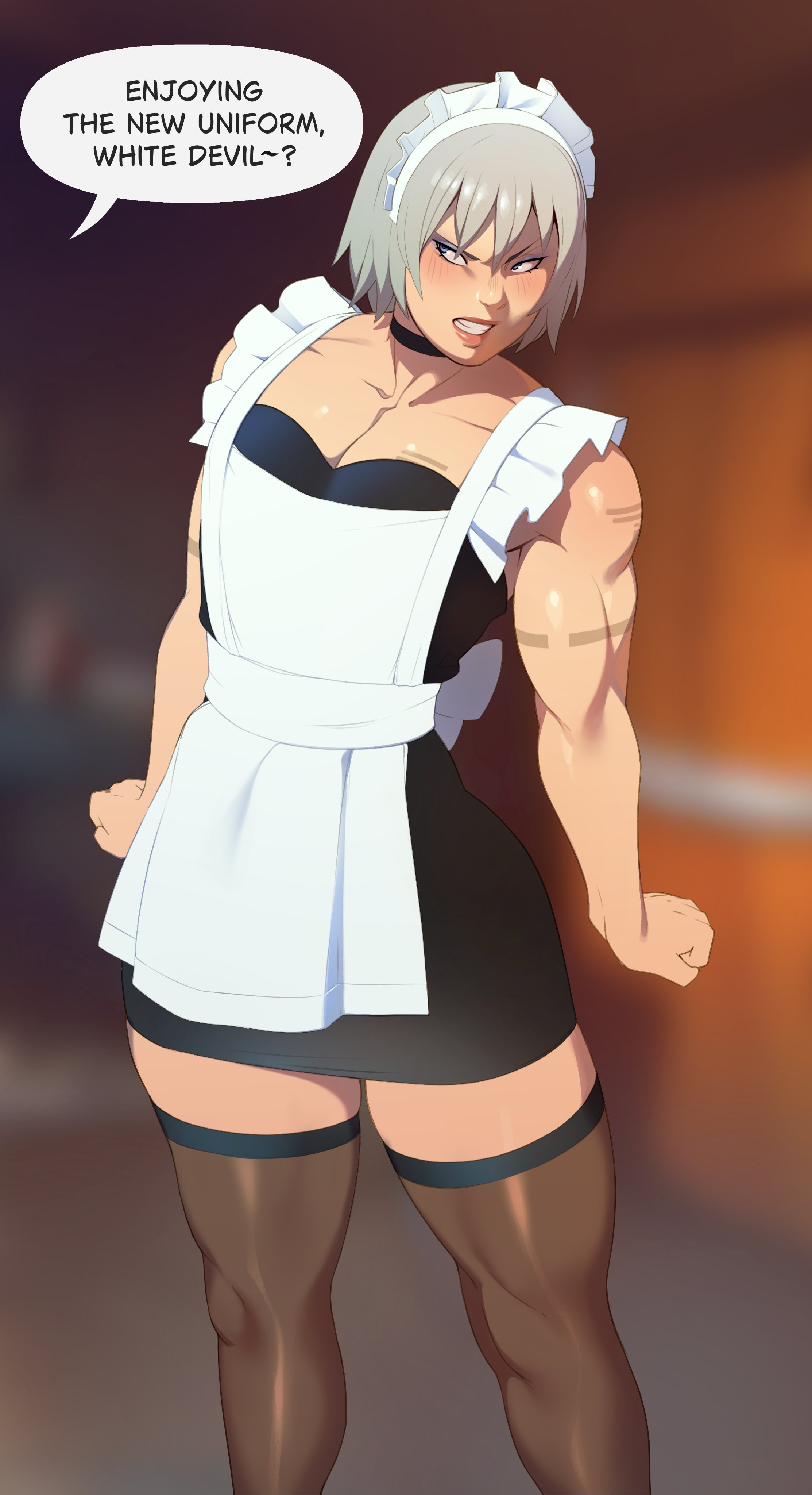 1boy, absurd res, ambush (trap), blurry background, blush, choker, combos-n-doodles, crossdressing, dialogue, embarrassed, english text, femboy, girly, looking away, maid, maid headdress, maid uniform, male, male only, metal gear solid, metal gear solid 2, muscular, muscular male, raiden (metal gear), solo, speech bubble, stockings, teeth clenched, thick thighs, white hair