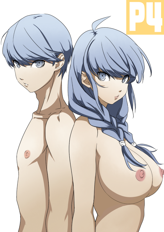 back-to-back beige_skin braid breasts color dual_persona female grey_eyes grey_hair hair huge_breasts large_breasts long_hair looking_at_viewer looking_left looking_right male megami_tensei mekazou narukami_yu nipples nude open_eyes persona persona_4 ponytail rule_63 seta_souji side_view simple_background tied_hair twin_braids white_background