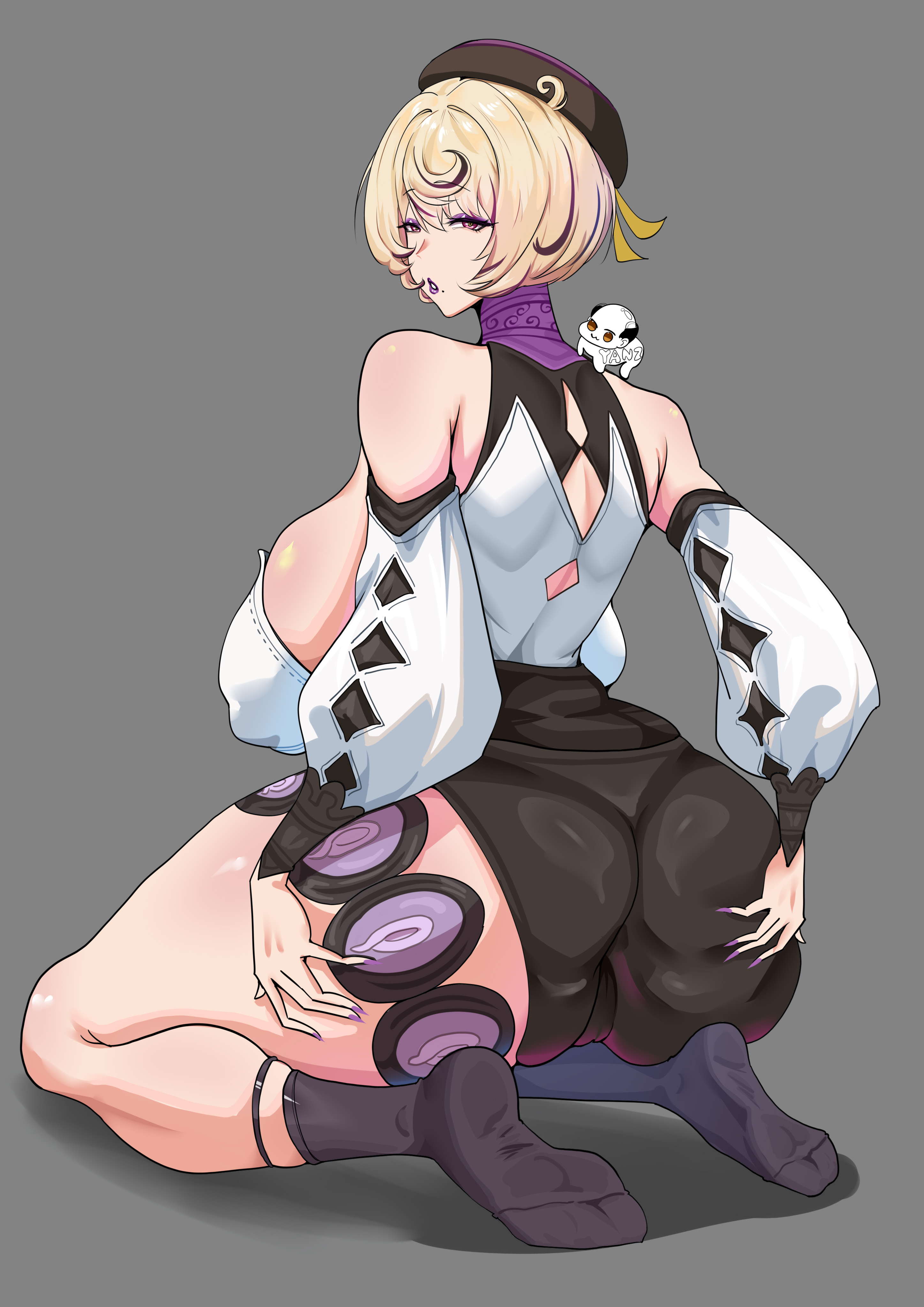 ass, bare shoulders, beret, black headwear, black shorts, blonde hair, breasts, detached sleeves, female, female only, from behind, grabbing own ass, grey background, hat, highres, hoyoverse, huge ass, huge breasts, kneeling, looking at viewer, looking back, makeup, purple eyes, purple lips, purple nails, seiza, short hair, shorts, simple background, sitting, socks, solo, thick thighs, thighs, yanz2, yidhari murphy, zenless zone zero