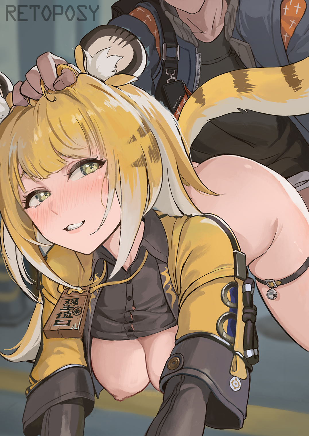 1boy, 1girls, animal ears, animal tail, ass, bending over, blush, bottomless, breasts, breasts out, female, female focus, from behind, green eyes, hair grab, hair pull, hoyoverse, ju fufu, ju fufu (zenless zone zero), kemonomimi, male, retoposy, skindentation, tagme, tail, thigh strap, tiger ears, tiger girl, tiger tail, tits, wise (zenless zone zero), yellow hair, zenless zone zero
