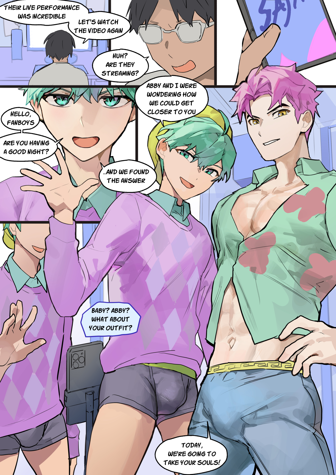 2025, 3boys, abby (kpop demon hunters), abs, amber eyes, baby (kpop demon hunters), big pecs, blue eyes, blue hair, bulge, bulge through clothing, bulge under clothes, collared shirt, computer, dialogue, gay, glasses, imminent anal, imminent sex, itsme takk, jeans, kpop demon hunters, light skin, light-skinned femboy, light-skinned male, livestream, livestreaming, male, male only, male/male, muscular, muscular male, pecs, penis, phone, pink hair, saja boys, streaming, sweater, twink, underwear, waving, yaoi