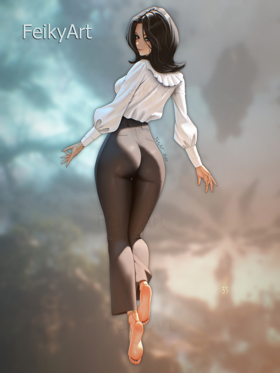 asian, asian female, ass, barefoot, bubble ass, bubble butt, clair obscur: expedition 33, curvy figure, feet, feikyart, female, female only, looking back, lune (clair obscur: expedition 33), sandfall interactive, smiling, soles