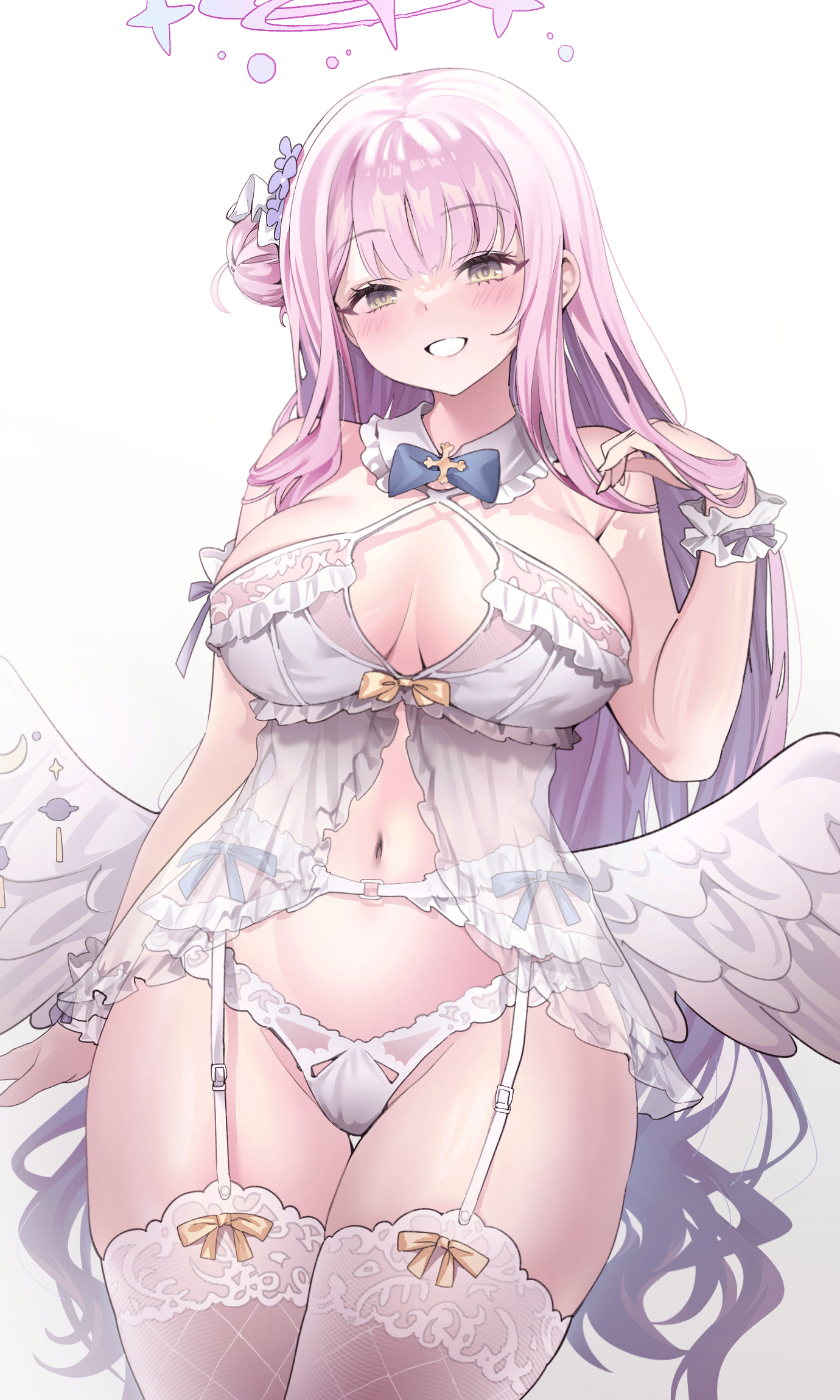 alternate costume, babydoll, blue archive, blush, bra, breasts, cleavage, cowboy shot, feathered wings, female, frilled bra, frills, garter belt, halo, hand up, highres, large breasts, laseri, lingerie, long hair, looking at viewer, low wings, mika (blue archive), navel, panties, pink hair, pink halo, revision, simple background, smile, solo, stomach, tea party (blue archive), thighhighs, trinity general school student, underwear, underwear only, white background, white bra, white garter belt, white panties, white thighhighs, white wings, wing ornament, wings, wrist wrap, yellow eyes