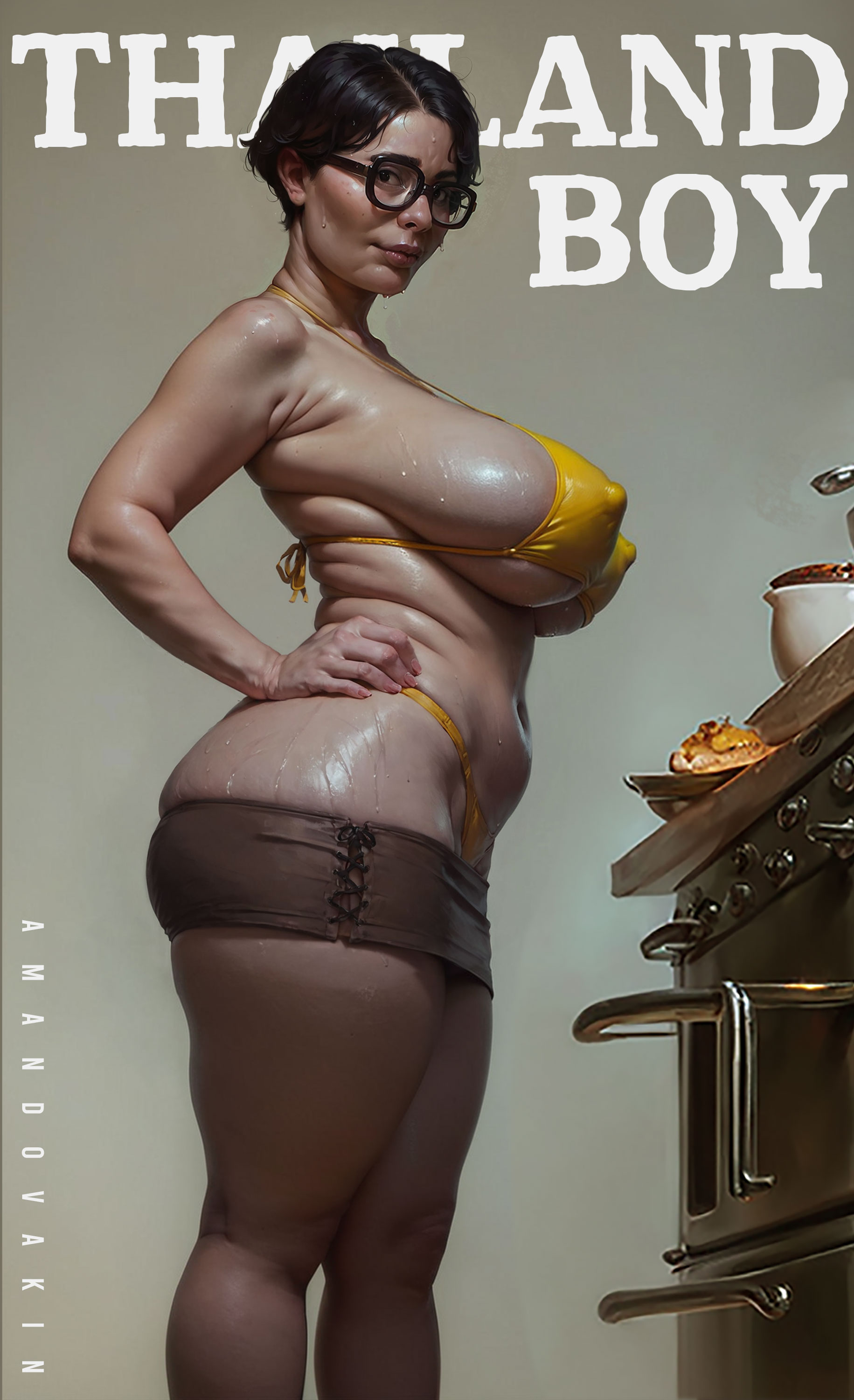 ai generated, amandovakinai, asian, breasts, female, huge breasts, kitchen, transgender