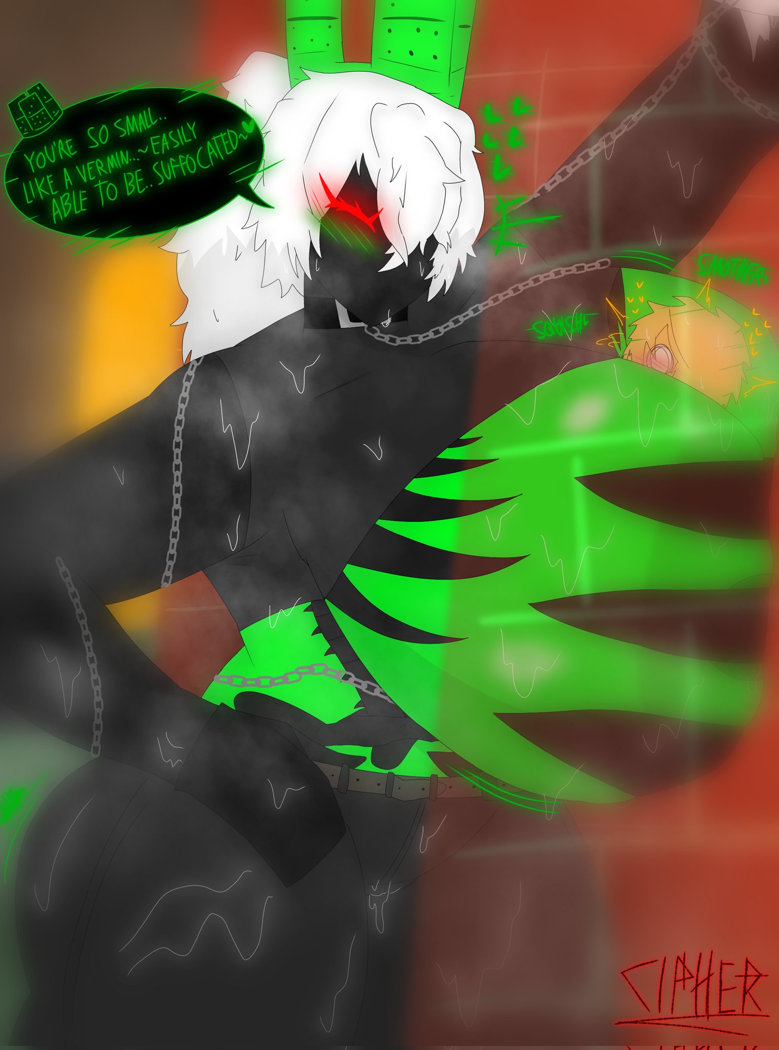 1girls, 1x1x1x1 (forsaken), artist signature, betrayed 1x1x1x1, big breasts, big thighs, blush, breasts, breasts pressed against partner, chain collar, cipherpablo, dialogue, english text, female, forsaken (roblox), gigantic breasts, hearts around head, looking at partner, noob (forsaken), noob (roblox), pressed together, roblox, roblox game, robloxian, rule 63, source request, speech bubble, suffocating, tagme, text