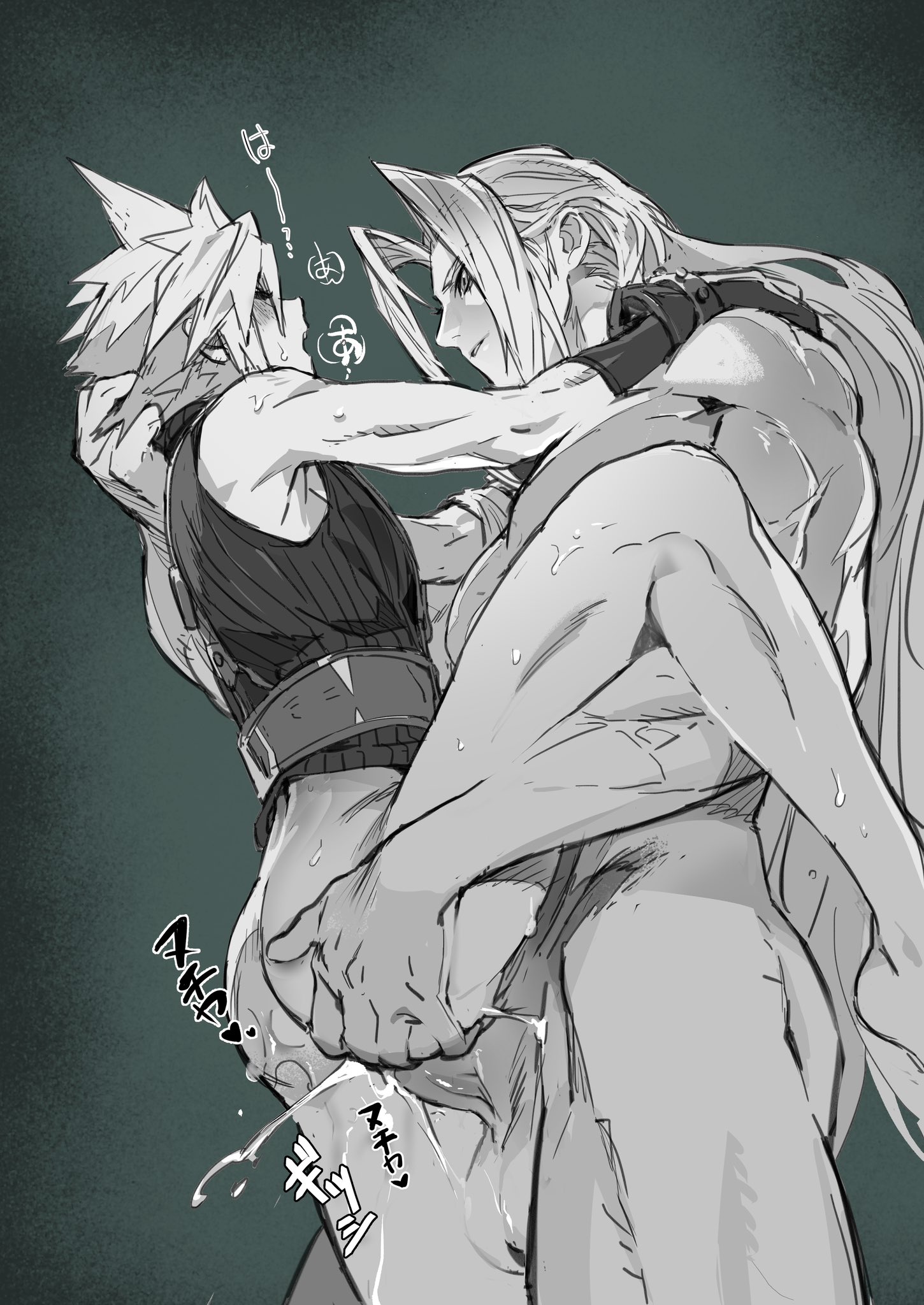 2boys, anal, anal sex, bottomless, cloud strife, cum, cum in ass, cum inside, final fantasy, final fantasy vii, gay, gay sex, gloves, greyscale, height difference, long hair, male, male/male, moaning, monochrome, muscular, muscular male, naked, nude, one leg up, redshu, sephiroth, size difference, spiky hair, square enix, tagme, twink, yaoi
