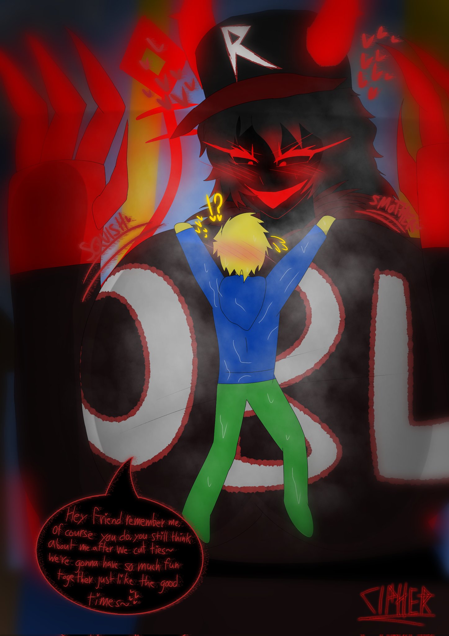 artist signature, big breasts, big female, big female small male, blush, breasts, cipherpablo, dialogue, female, forsaken (roblox), genderswap, genderswap (mtf), grabbing breasts, guest (roblox), guest 666, guest 666 (forsaken), hands on breasts, hands up, hearts around head, male, red eyes, roblox, roblox game, robloxian, rule 63, size difference, source request, tagme, tail, watermark