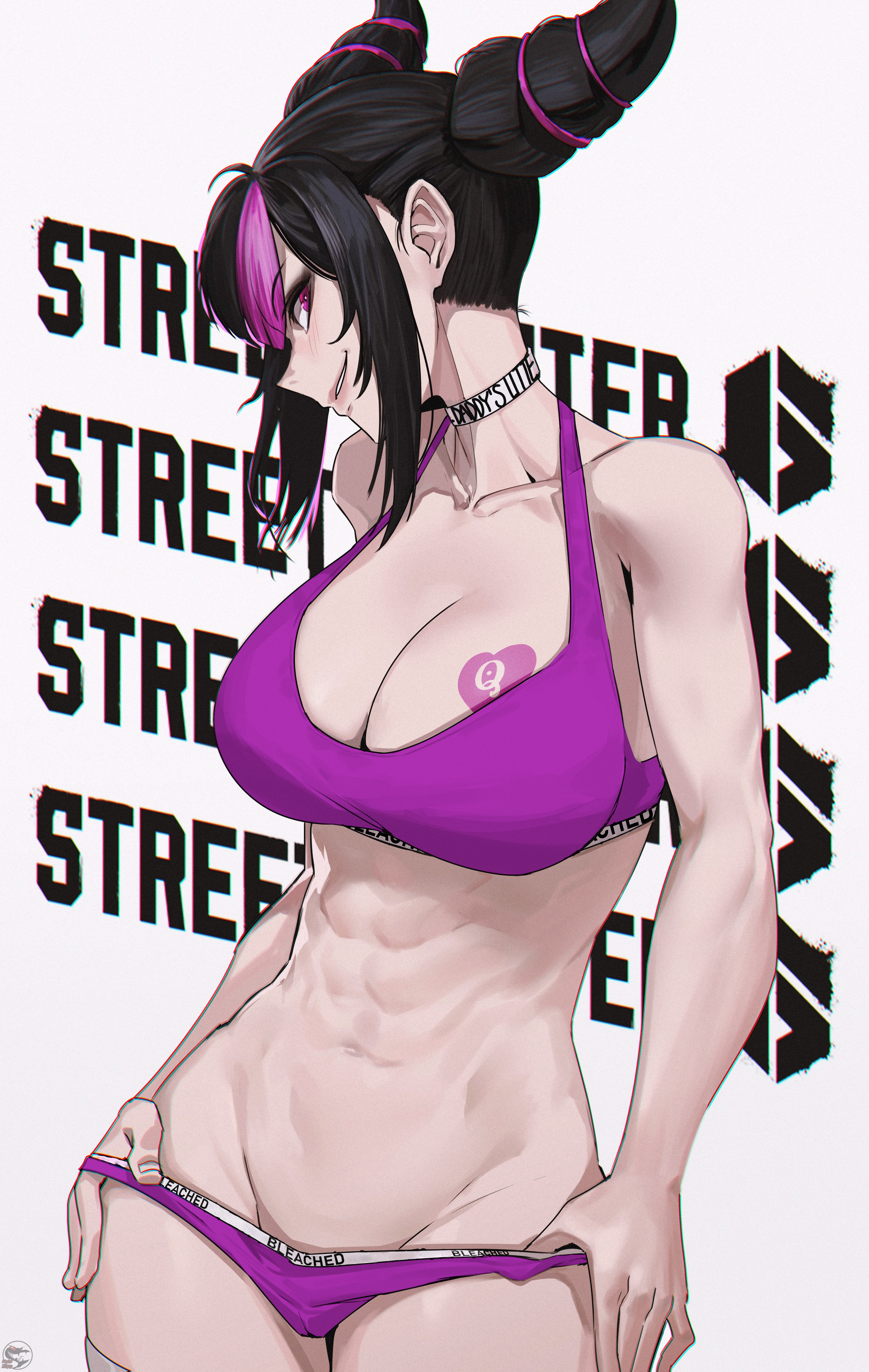 1girls, big breasts, black hair, bleached, bleached clothing, breasts, edit, female, hair, implied interracial, jin rou, juri han, long hair, qoh, queen of hearts, queen of hearts tattoo, side eye, street fighter, street fighter 6, street fighter v, tattoo, third-party edit, undressing, violet, violet eyes