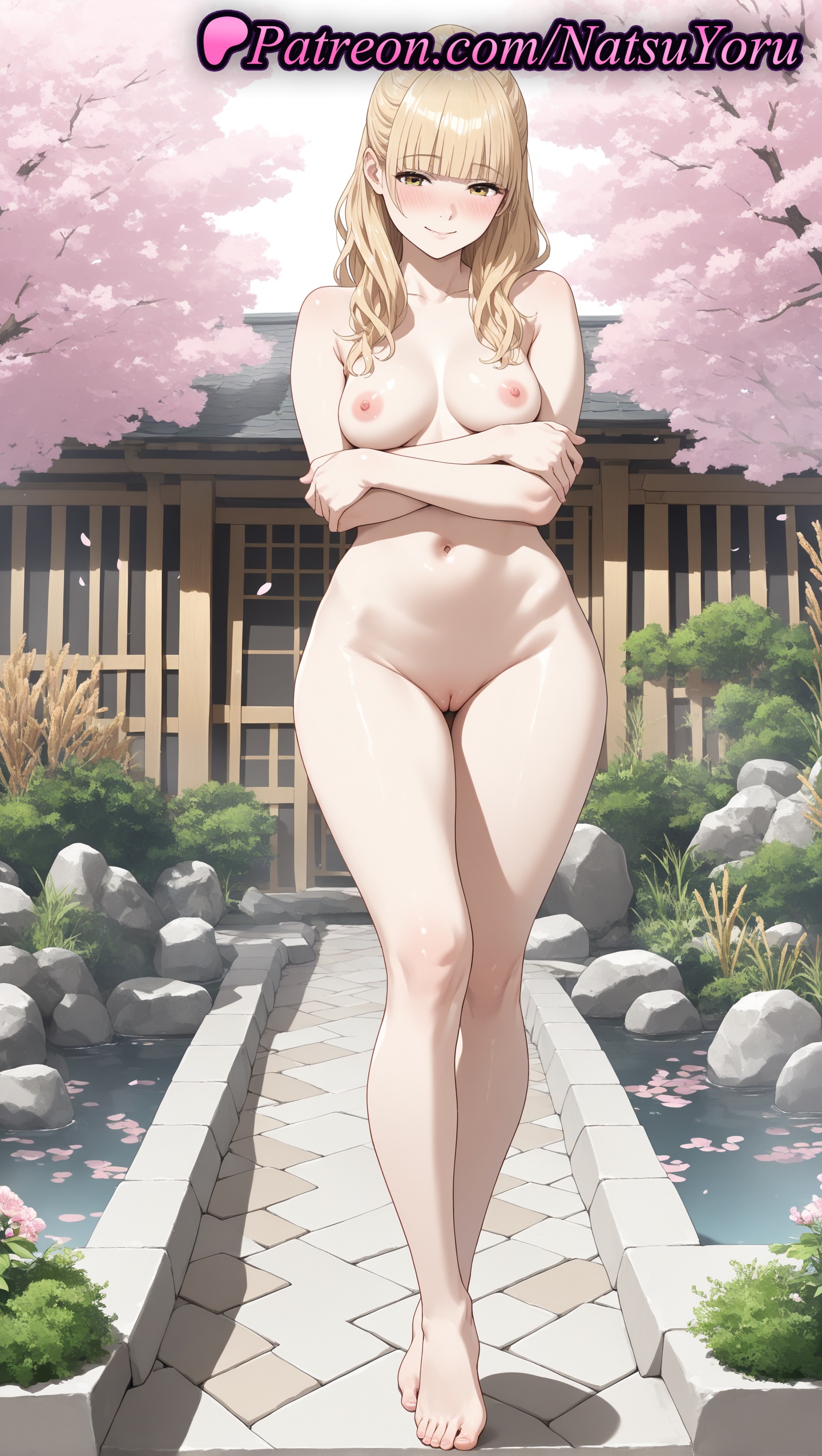 1girls, 2025, ai generated, arms under breasts, ass visible through thighs, barefoot, blush, breasts, breasts apart, cleft of venus, clitoris, collarbone, completely nude, feet, female, foot fetish, groin, hi res, highres, legs, long hair, looking at viewer, medium breasts, narrow waist, natsuyoru, navel, nipples, nude, ohsama sentai king-ohger, onsen, patreon, pussy, ran himeno, shaved vagina, smile, solo, standing, stomach, super sentai, thigh gap, thighs, toes, uncensored, vagina, voluptuous, voluptuous female, wide hips